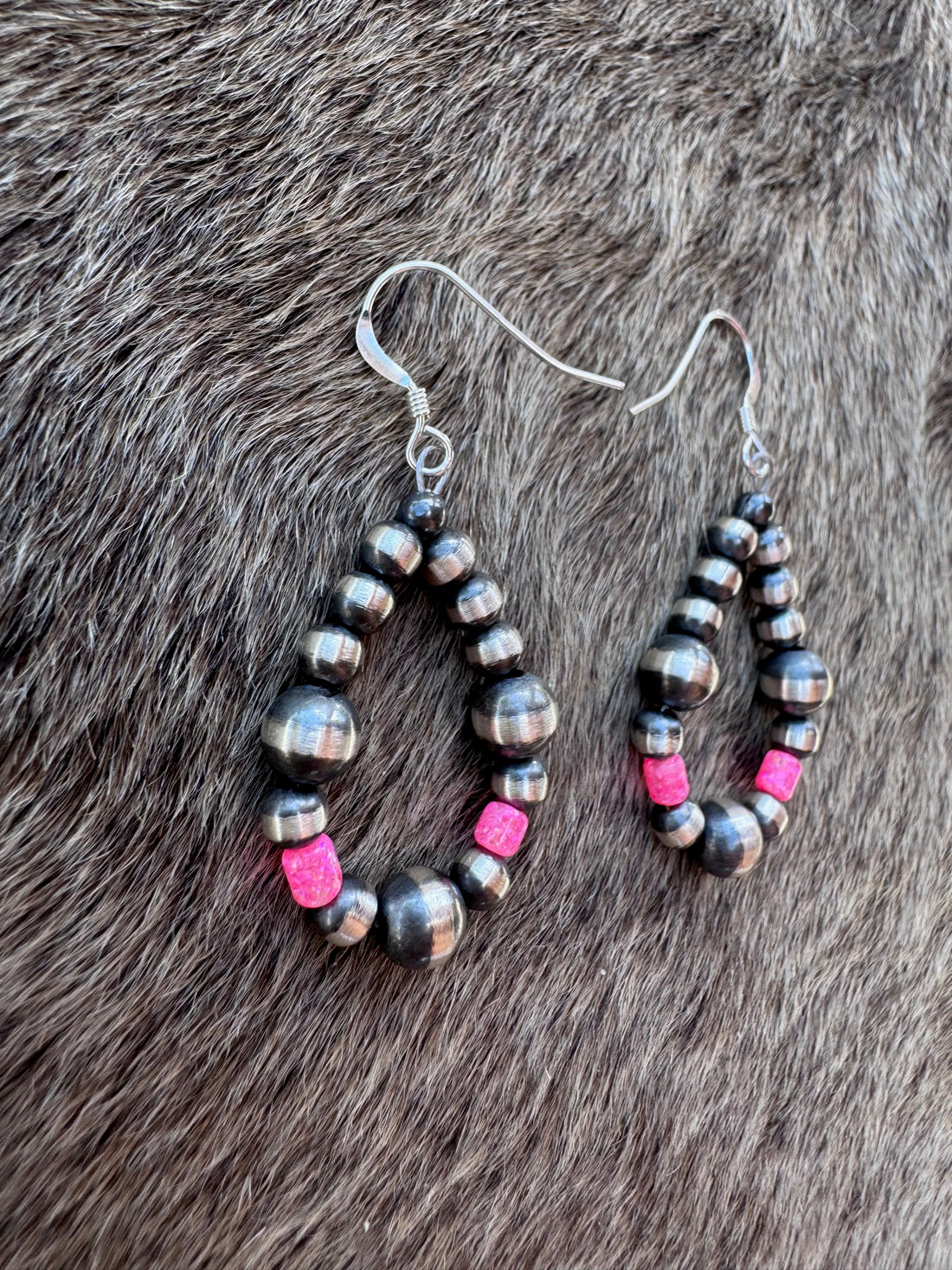 Handcrafted Hot Pink Fire Opal & Sterling Silver Pearl 4-6mm Beaded Hoop Dangle Earring