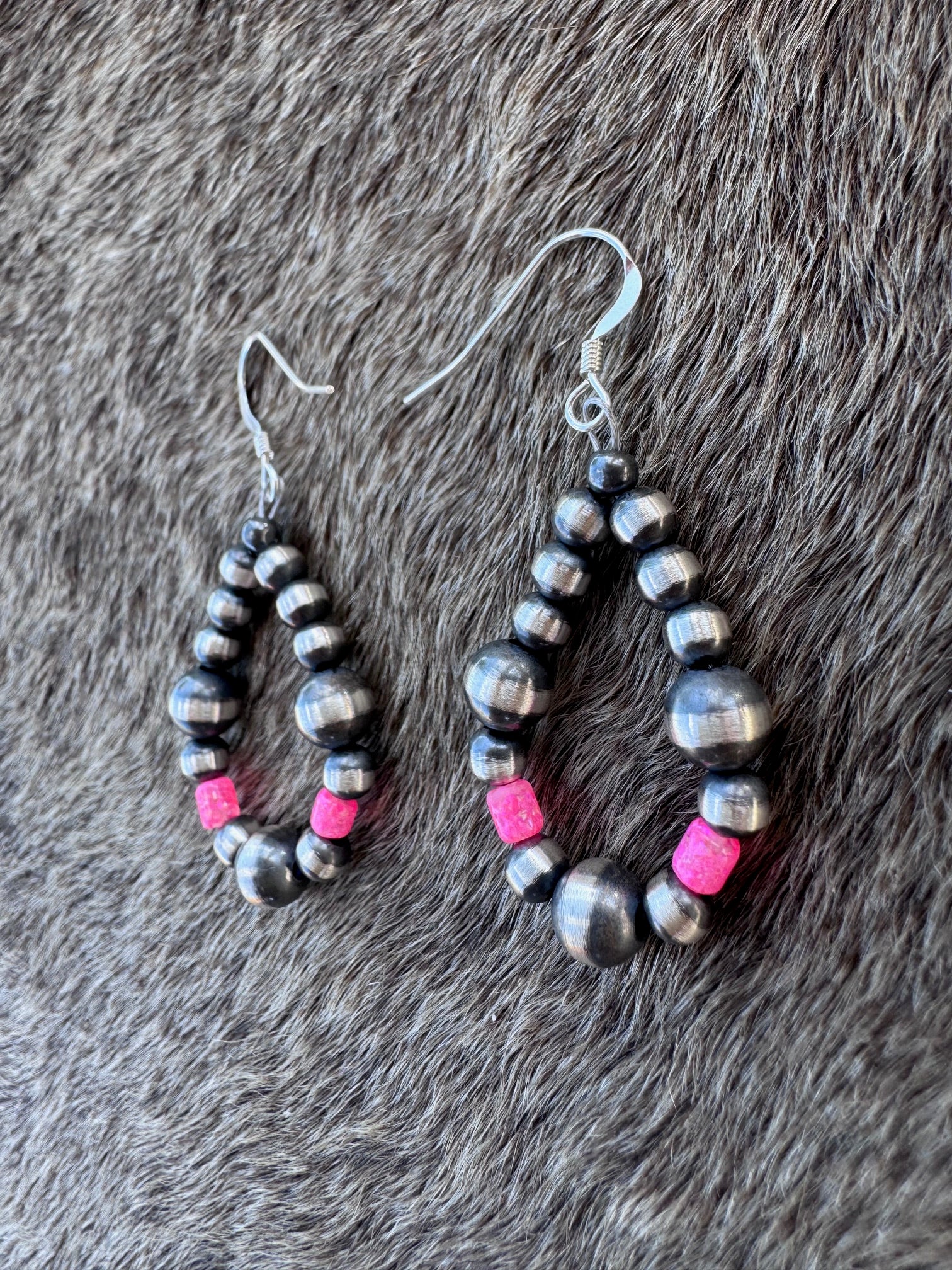Handcrafted Hot Pink Fire Opal & Sterling Silver Pearl 4-6mm Beaded Hoop Dangle Earring