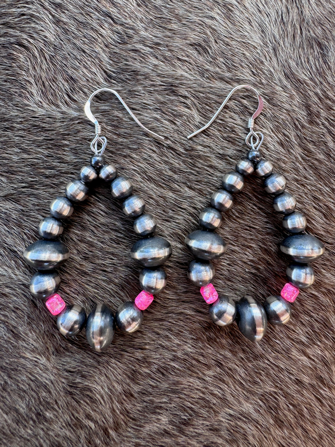 Handcrafted Hot Pink Fire Opal & Sterling Silver Pearl 4-8mm Mixed Beaded Hoop Dangle Earring