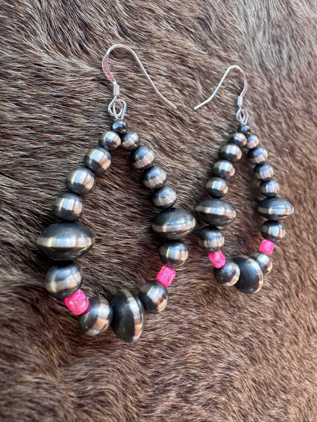 Handcrafted Hot Pink Fire Opal & Sterling Silver Pearl 4-8mm Mixed Beaded Hoop Dangle Earring