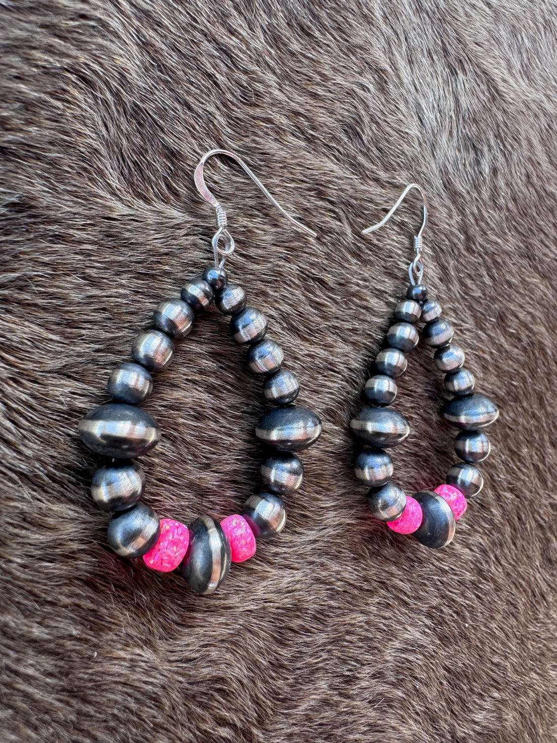 Handcrafted Hot Pink Fire Opal & Sterling Silver Pearl 4-8mm Mixed Beaded Hoop Dangle Earring