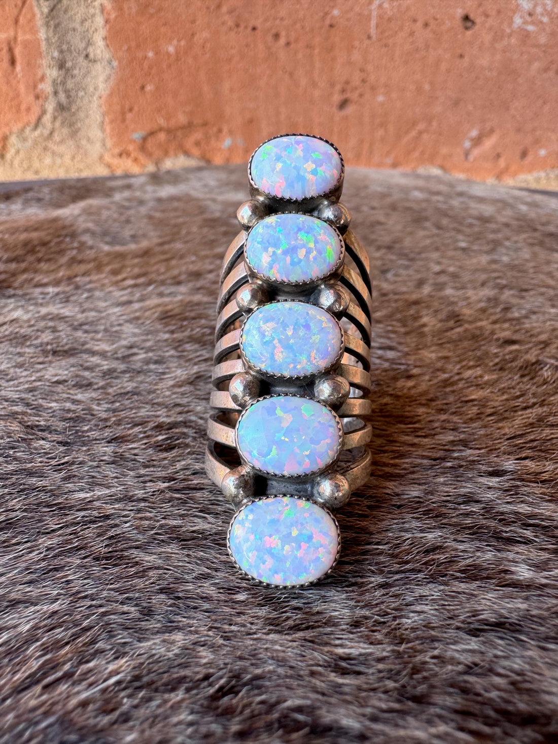 Handcrafted Sterling Silver & White Fire Opal 5 Stone Ring size 6 by T. Yazzie