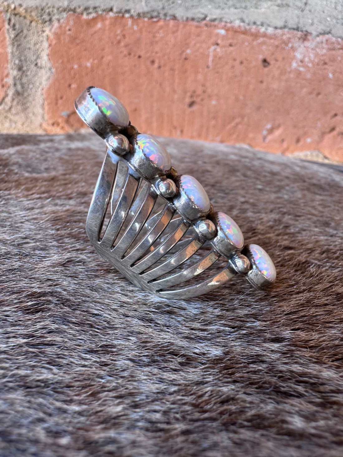 Handcrafted Sterling Silver & White Fire Opal 5 Stone Ring size 6 by T. Yazzie