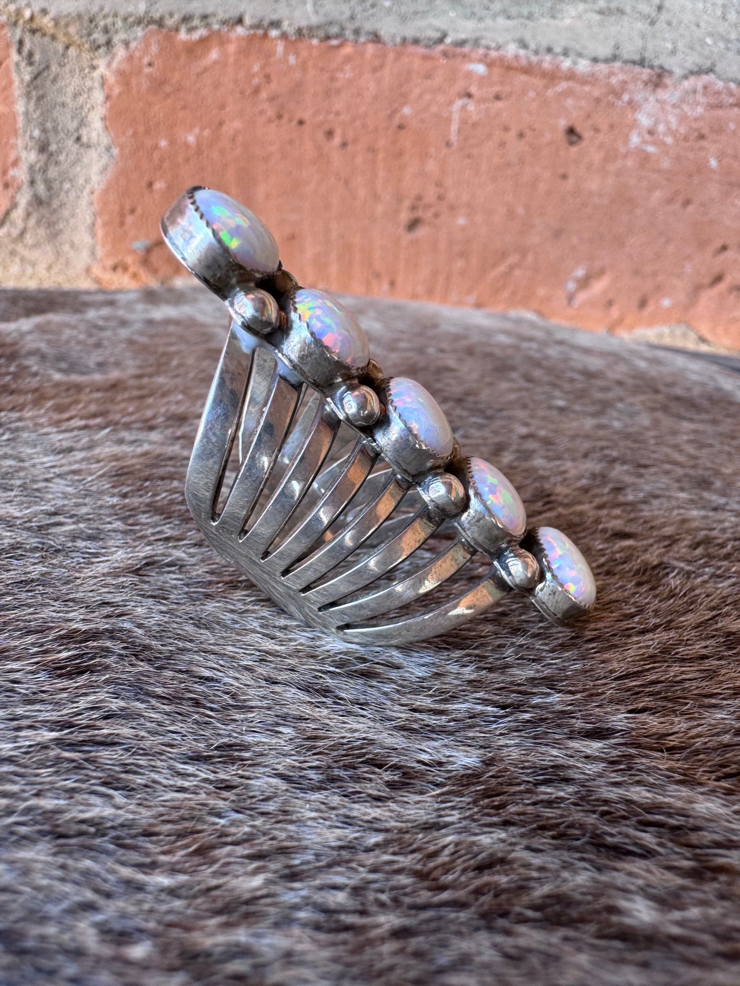 Handcrafted Sterling Silver & White Fire Opal 5 Stone Ring size 6 by T. Yazzie