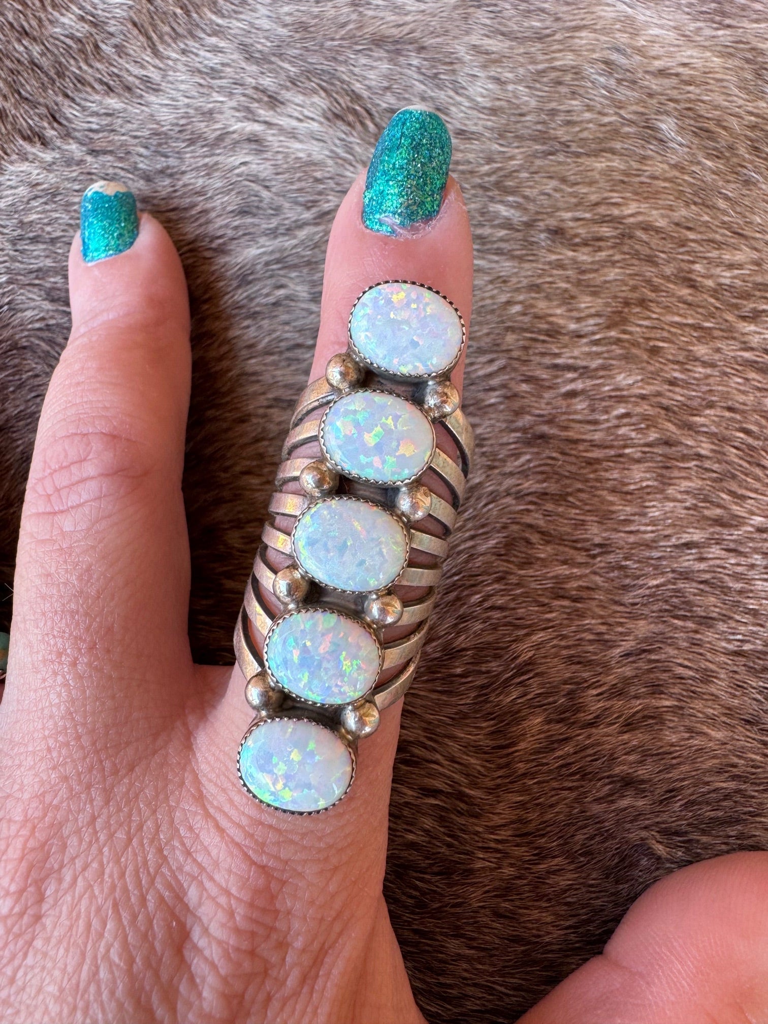 Handcrafted Sterling Silver & White Fire Opal 5 Stone Ring size 6 by T. Yazzie