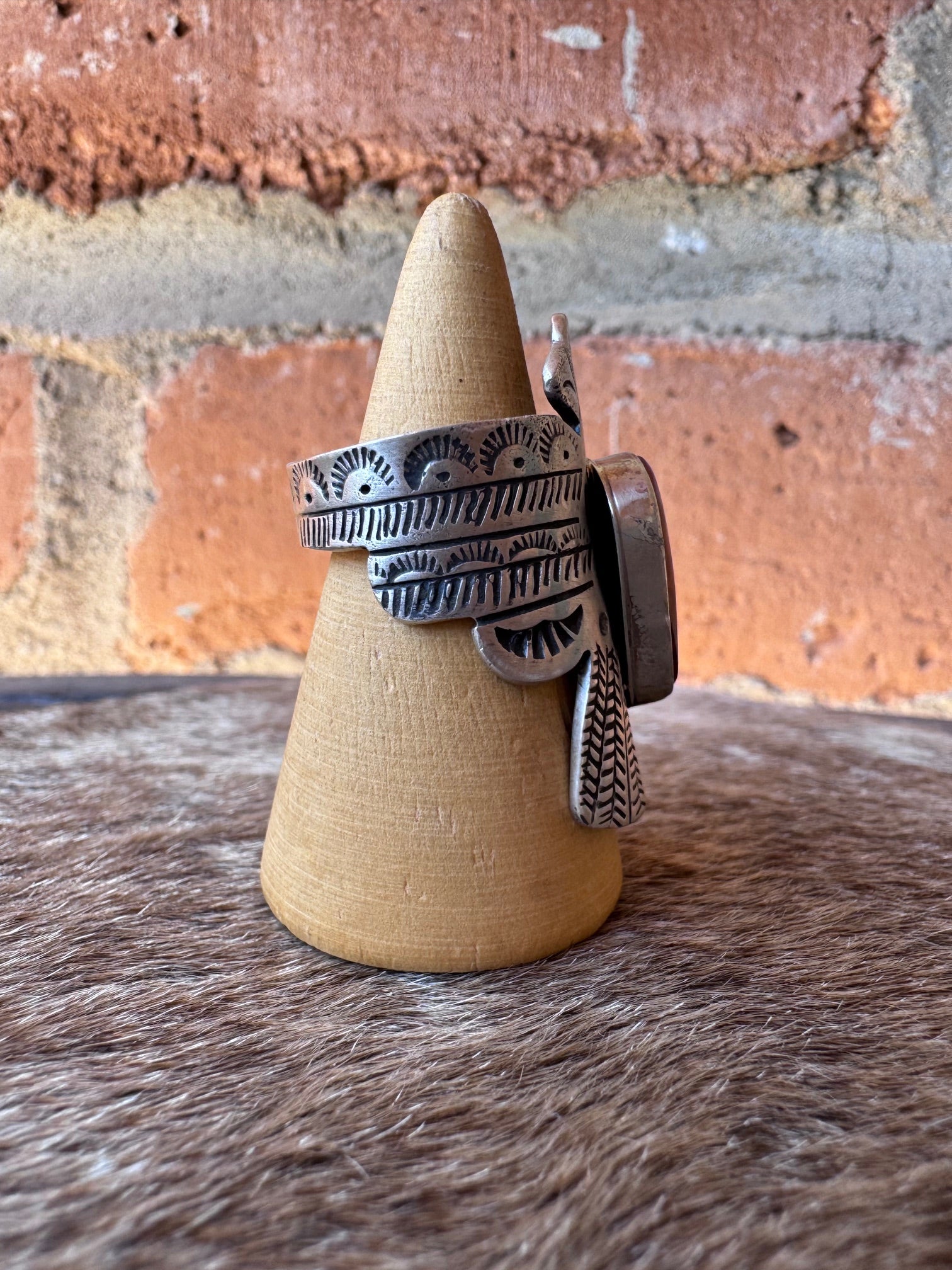 Handcrafted Sterling Silver & Orange Spiny Thunderbird Ring size 9 by Russell Sam