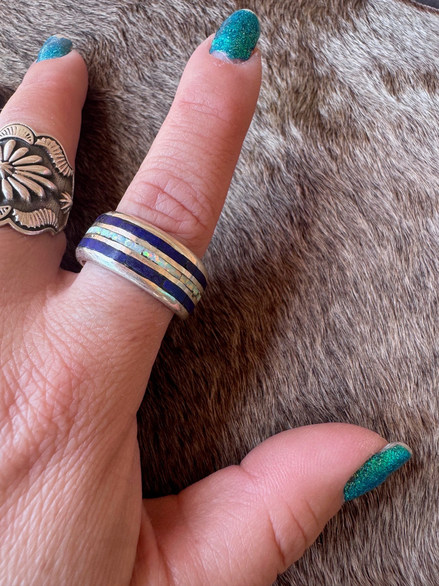 Handcrafted Sterling Silver, Lapis & White Fire Opal Inlay Band Ring Size 9.5