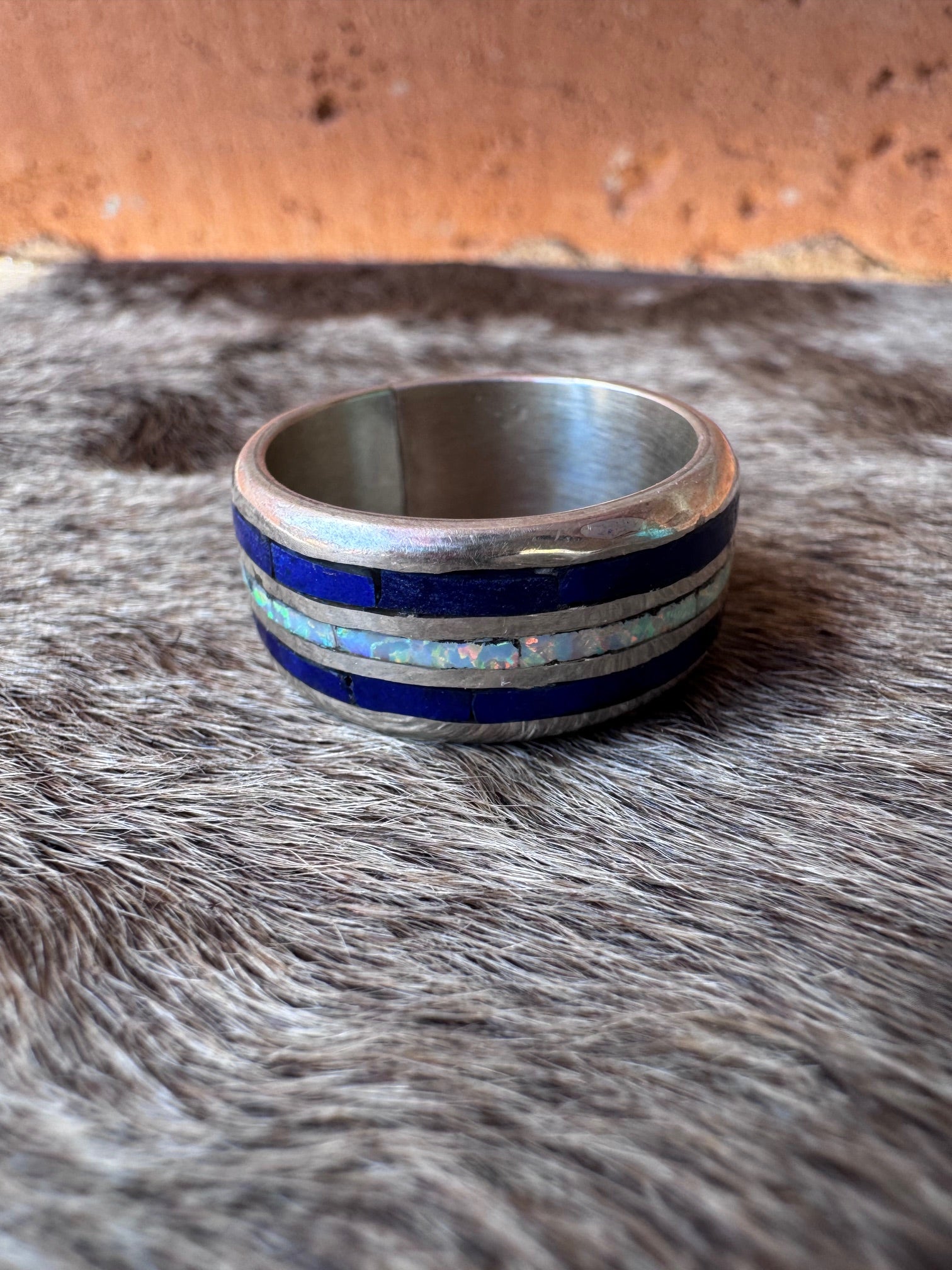 Handcrafted Sterling Silver, Lapis & White Fire Opal Inlay Band Ring Size 9.5