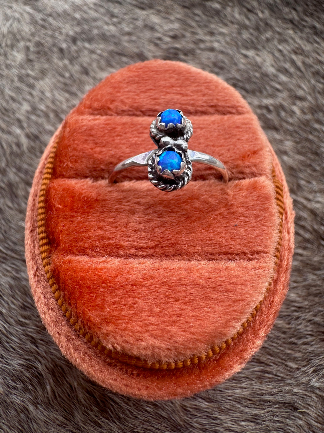 Handcrafted Sterling Silver & Two Stone Royal Blue Fire Opal Ring size 5.75