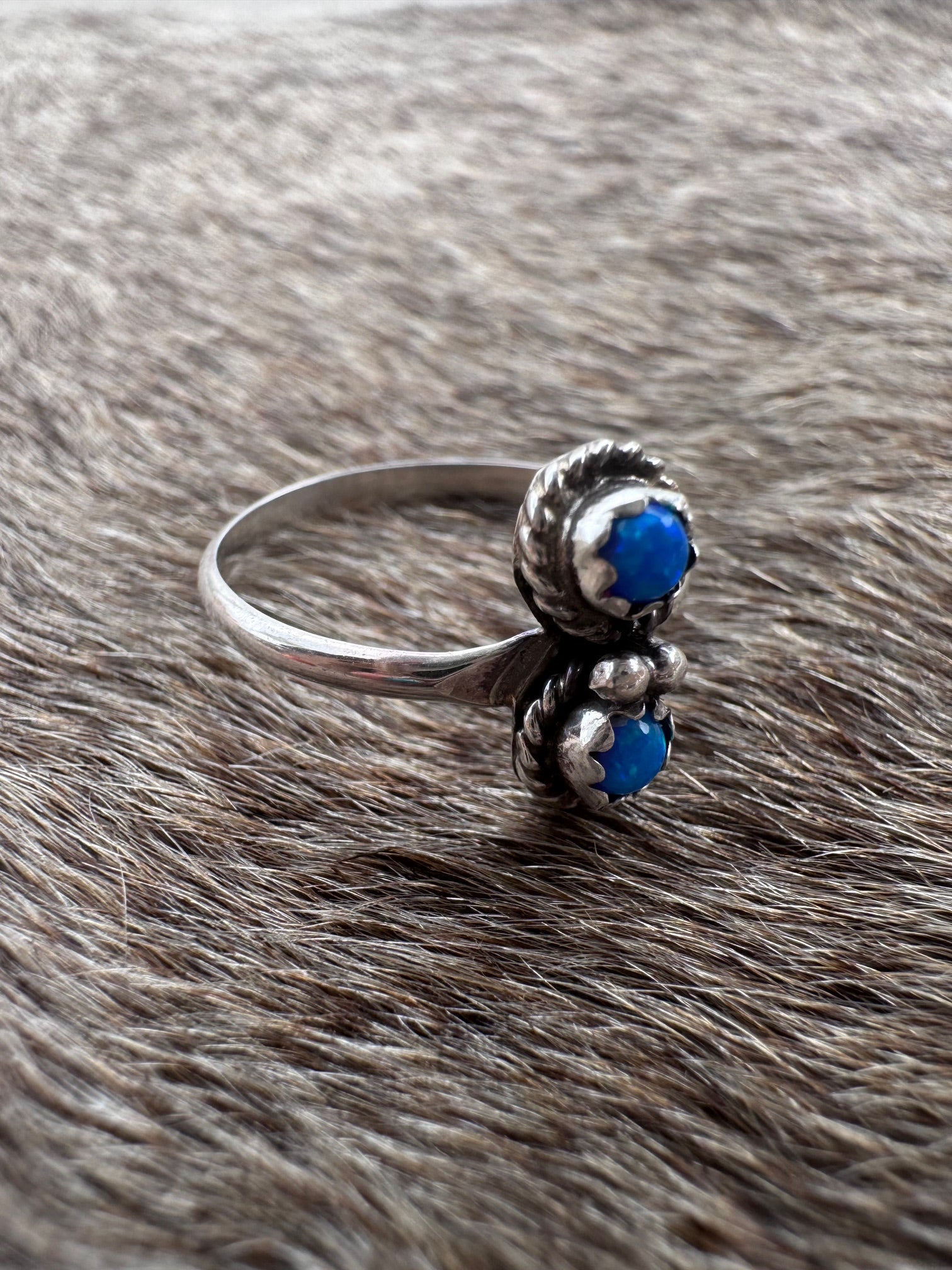 Handcrafted Sterling Silver & Two Stone Royal Blue Fire Opal Ring size 5.75