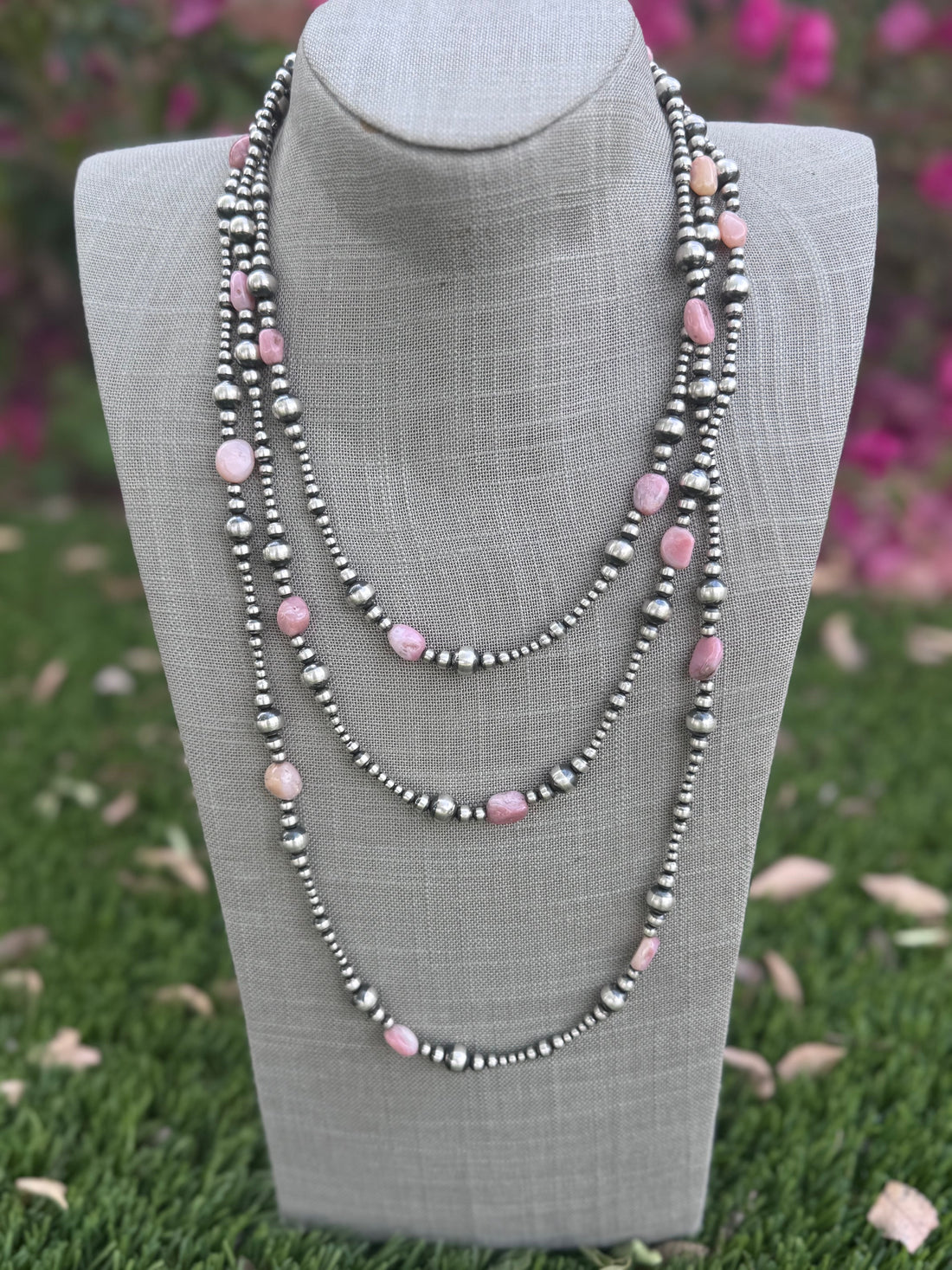 Handcrafted Sterling Silver & Pink Conch 3-8mm Pearl beaded Necklace 72"