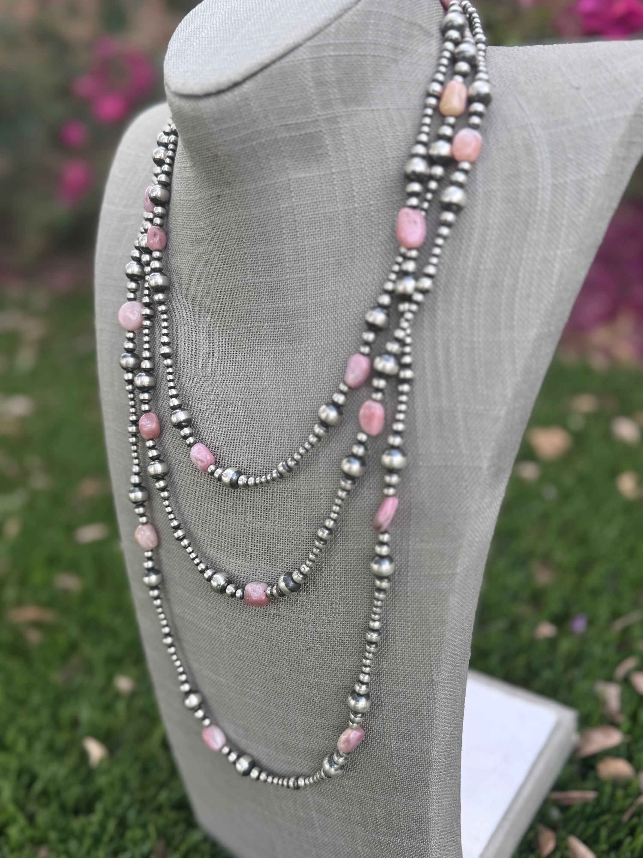 Handcrafted Sterling Silver & Pink Conch 3-8mm Pearl beaded Necklace 72"