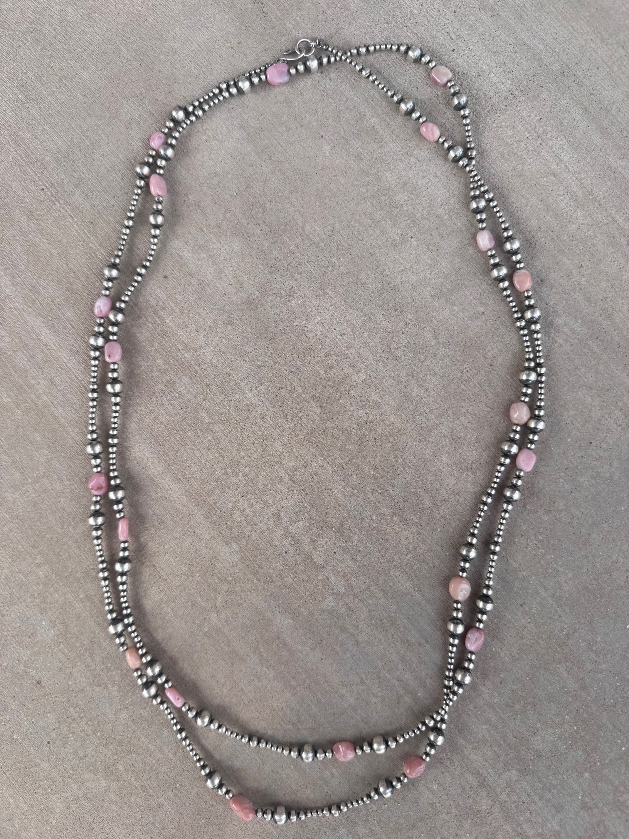 Handcrafted Sterling Silver & Pink Conch 3-8mm Pearl beaded Necklace 72"
