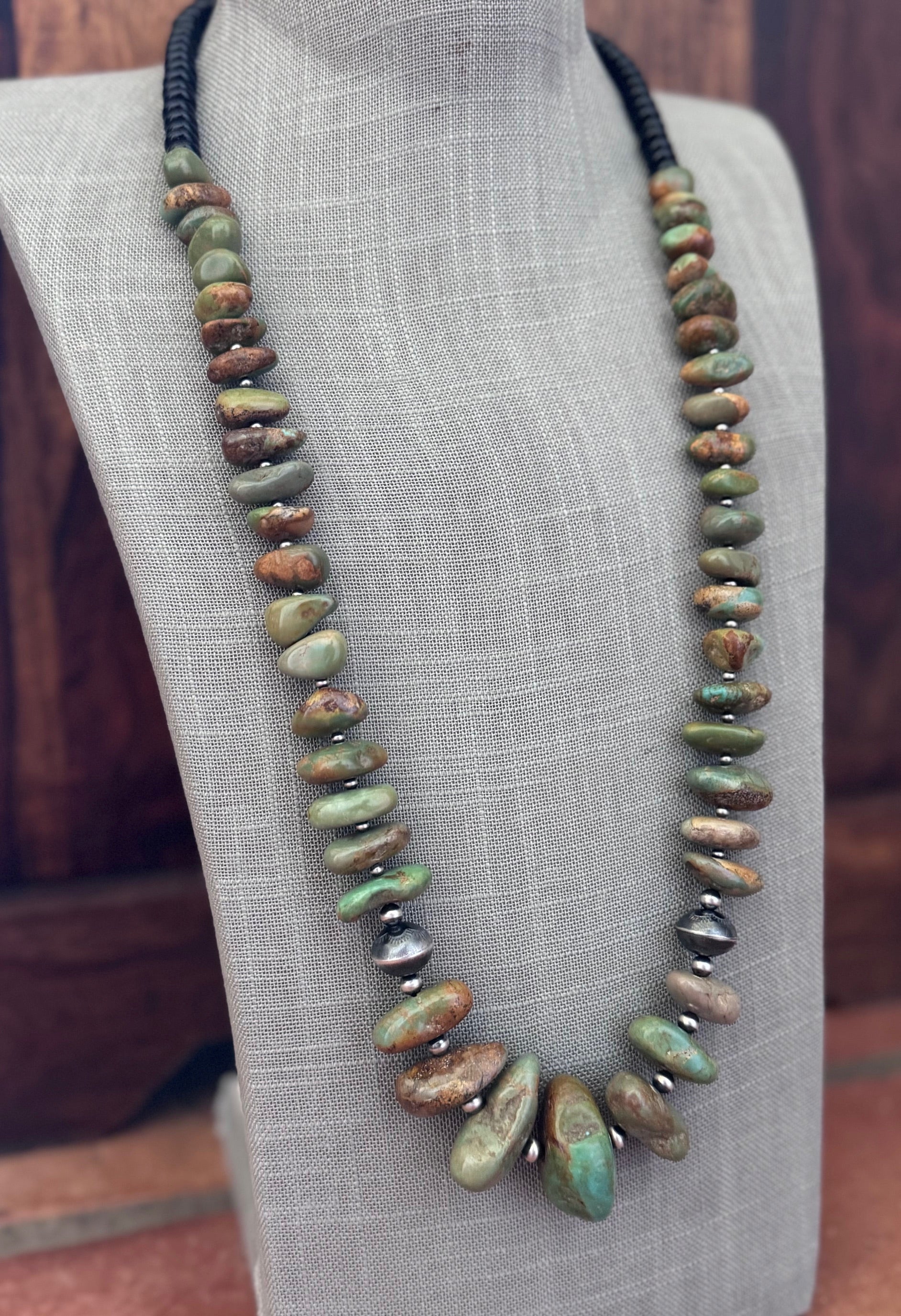 Handmade Thunderbird Turquoise & Sterling Silver Beaded Necklace 30"