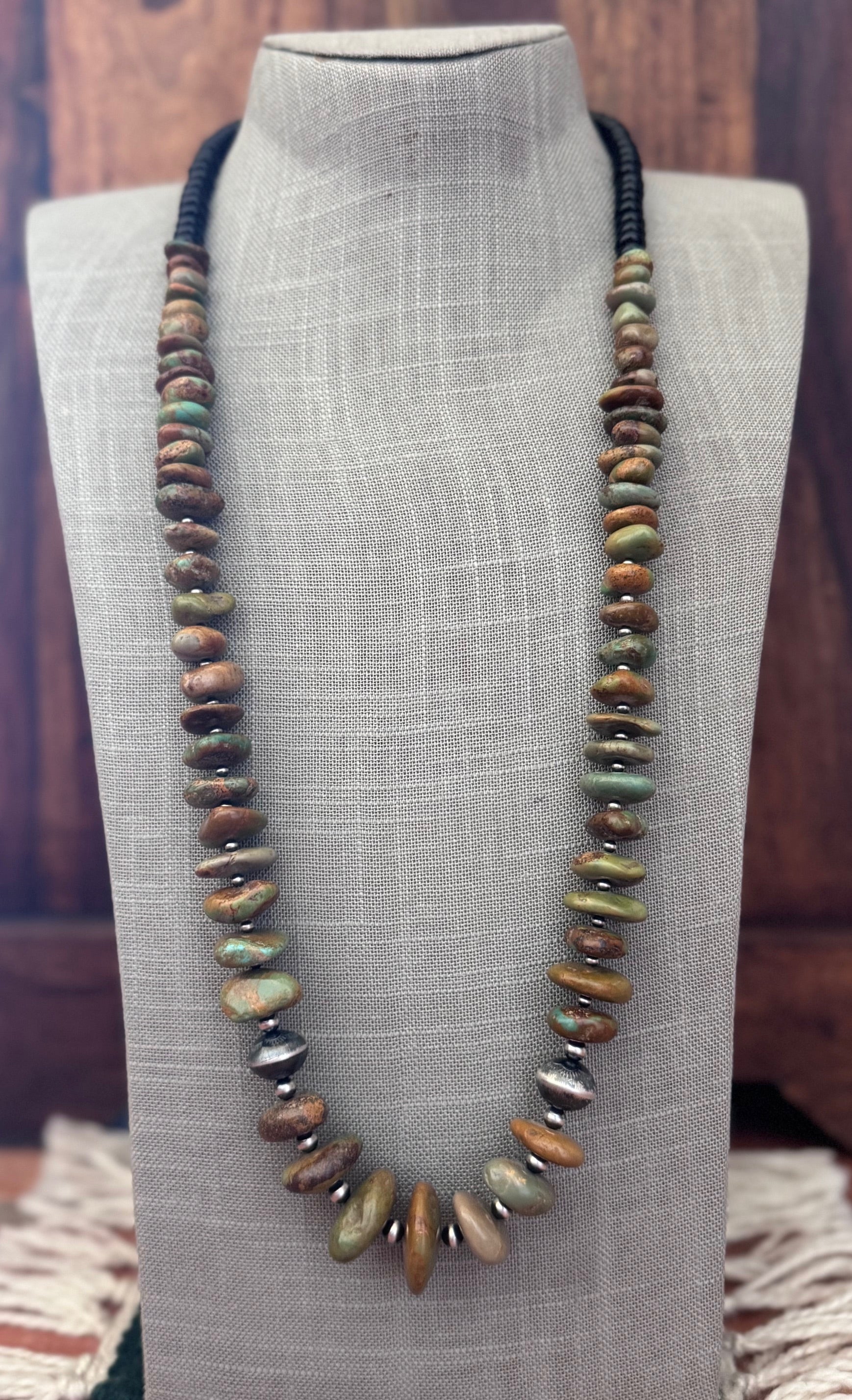 Handmade Thunderbird Turquoise & Sterling Silver Beaded Necklace 31"