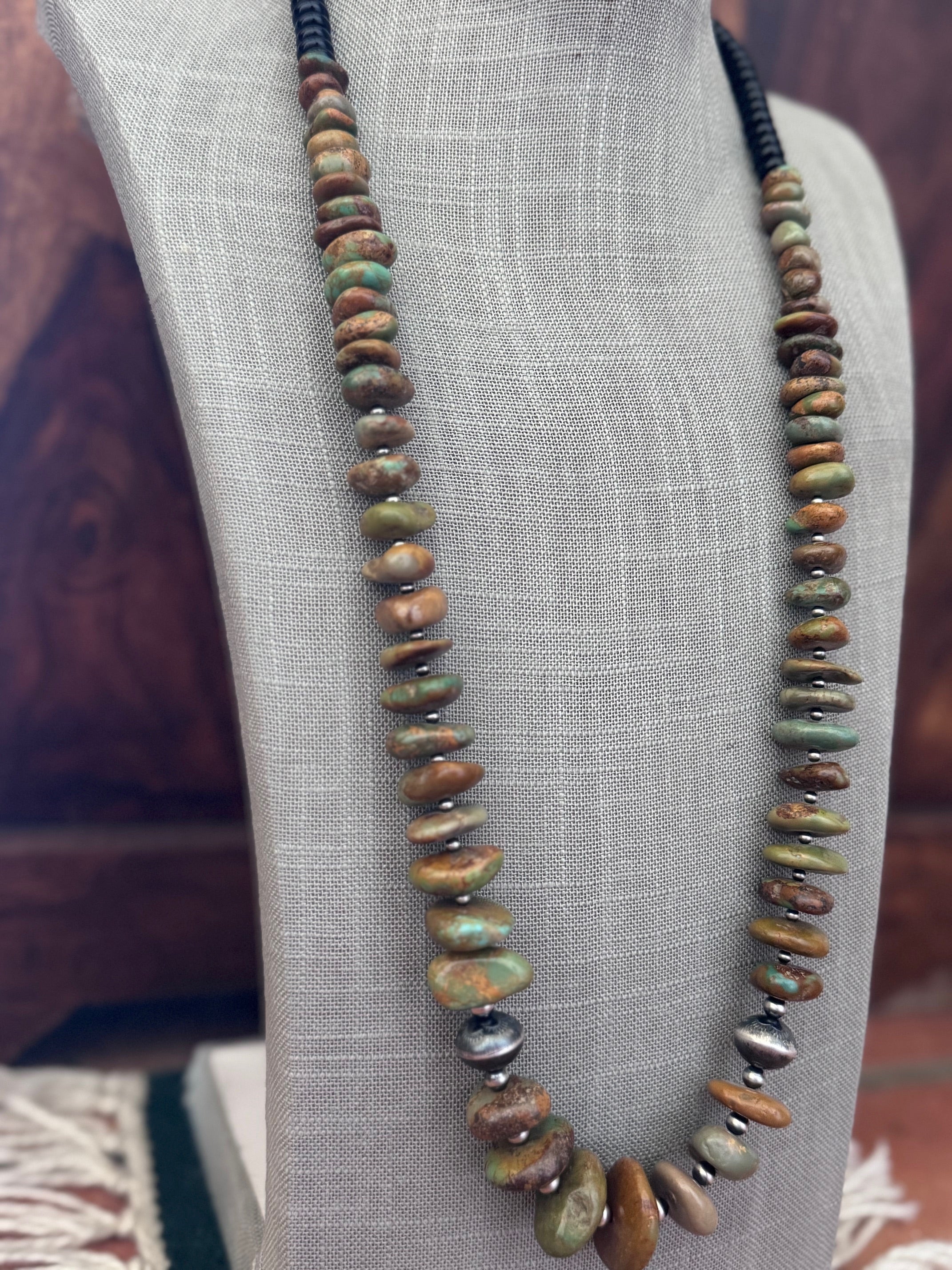 Handmade Thunderbird Turquoise & Sterling Silver Beaded Necklace 31"