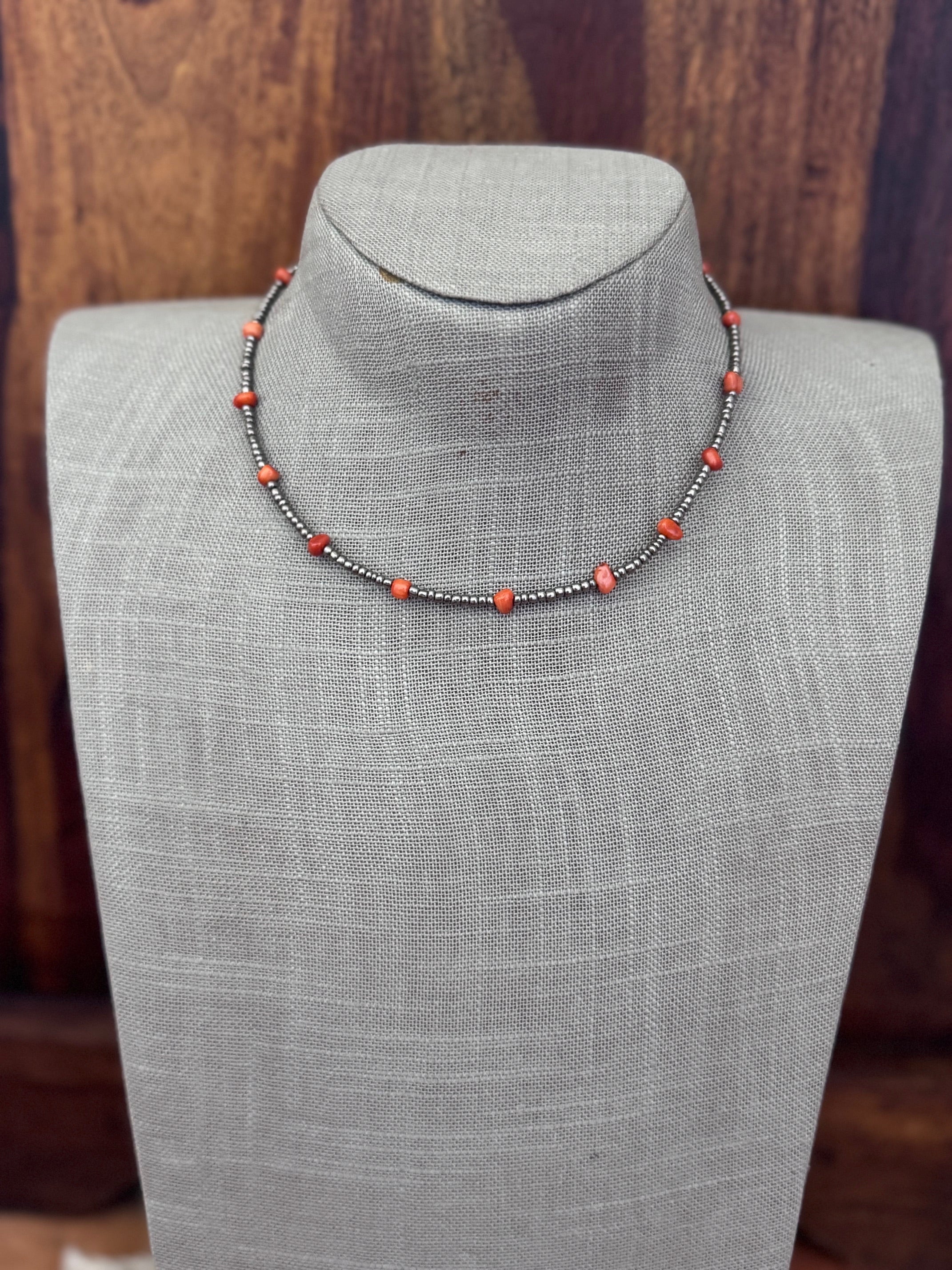 Handmade Antique Silver Seed Bead & Red Dyed Coral 3mm Beaded Necklace 14"