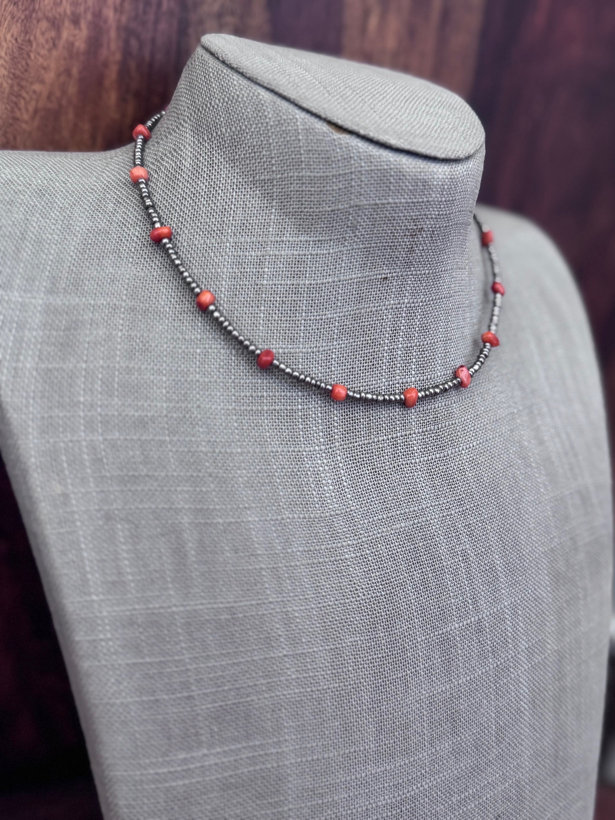 Handmade Antique Silver Seed Bead & Red Dyed Coral 3mm Beaded Necklace 14"