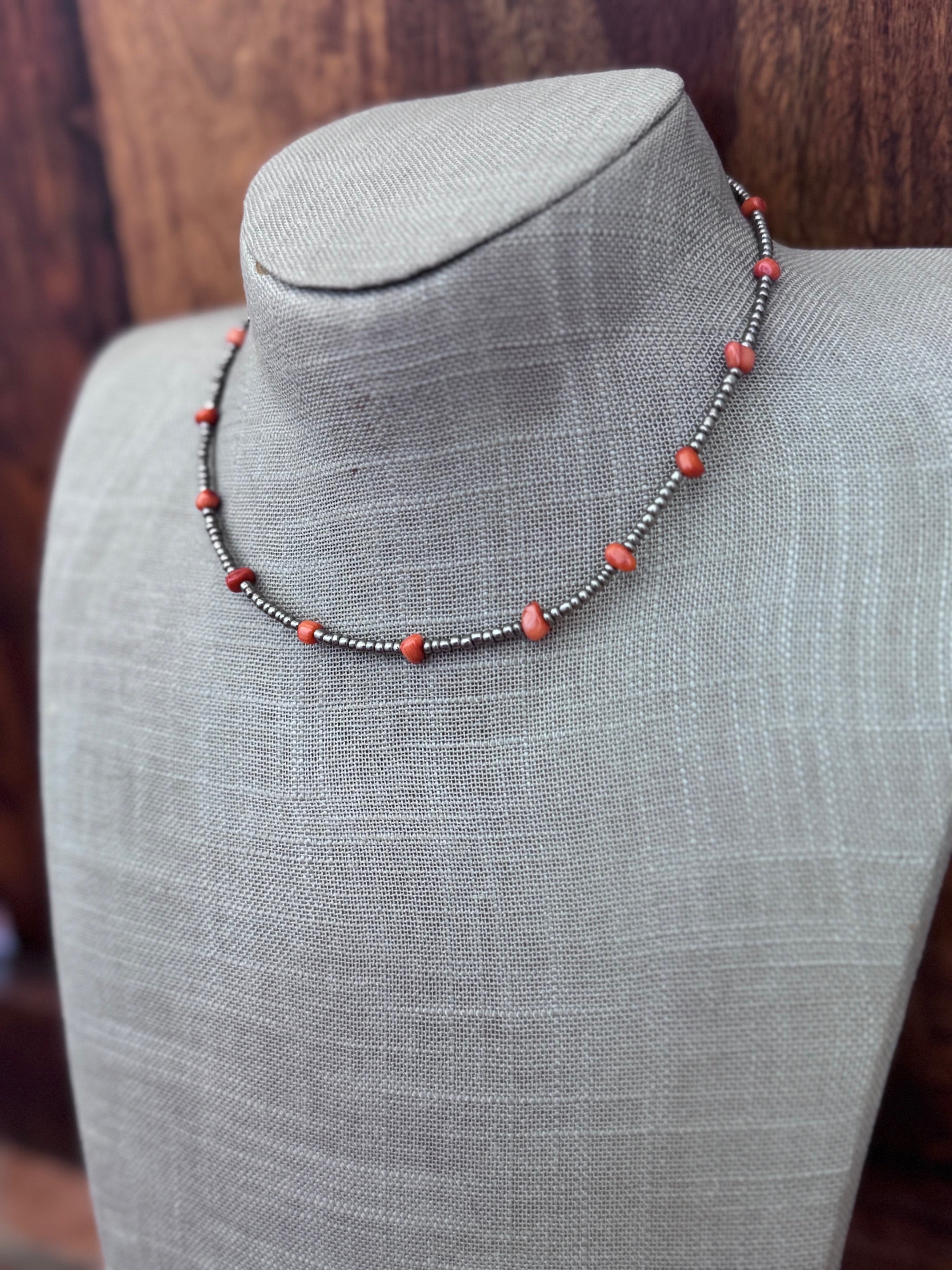 Handmade Antique Silver Seed Bead & Red Dyed Coral 3mm Beaded Necklace 14"