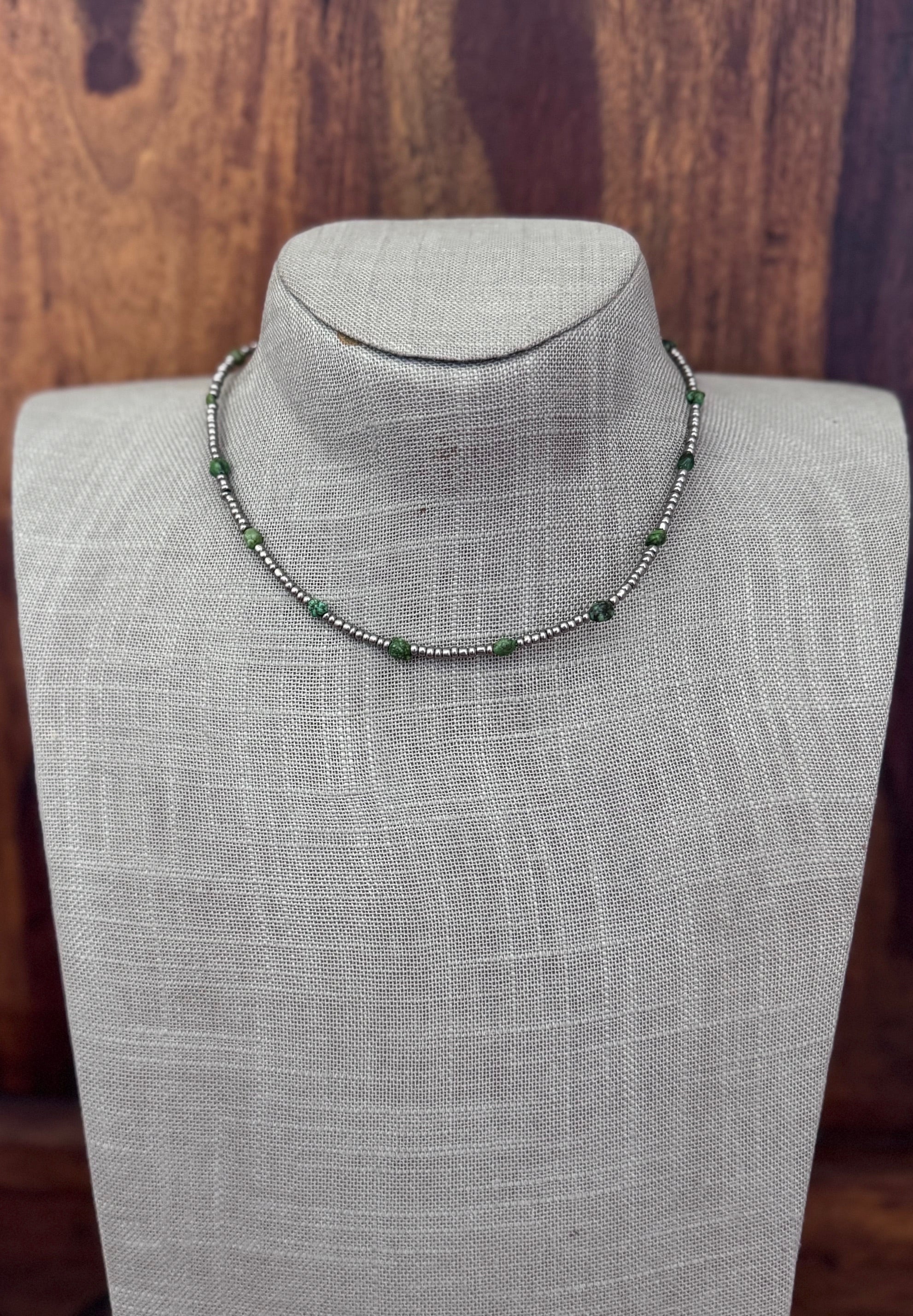 Handmade Green Turquoise & Silver Glass Seed 3mm Beaded Necklace 14"