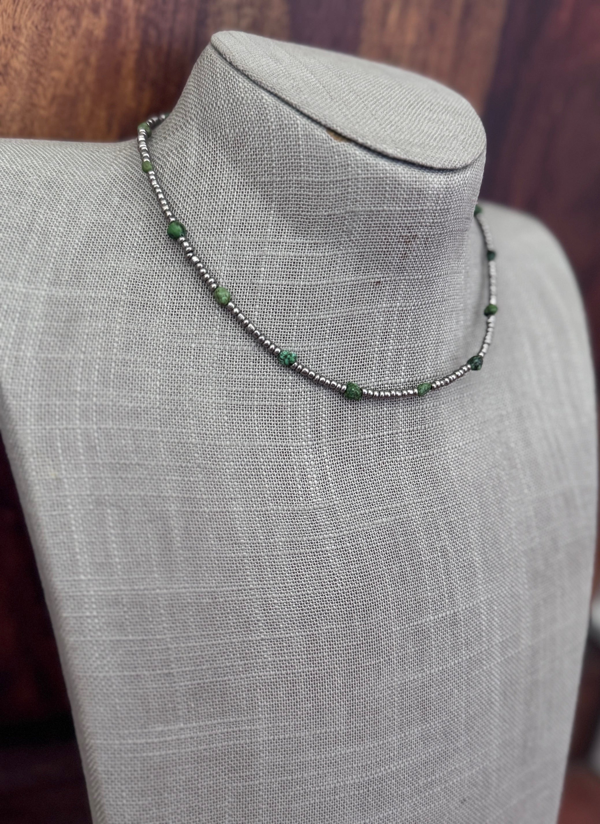 Handmade Green Turquoise & Silver Glass Seed 3mm Beaded Necklace 14"