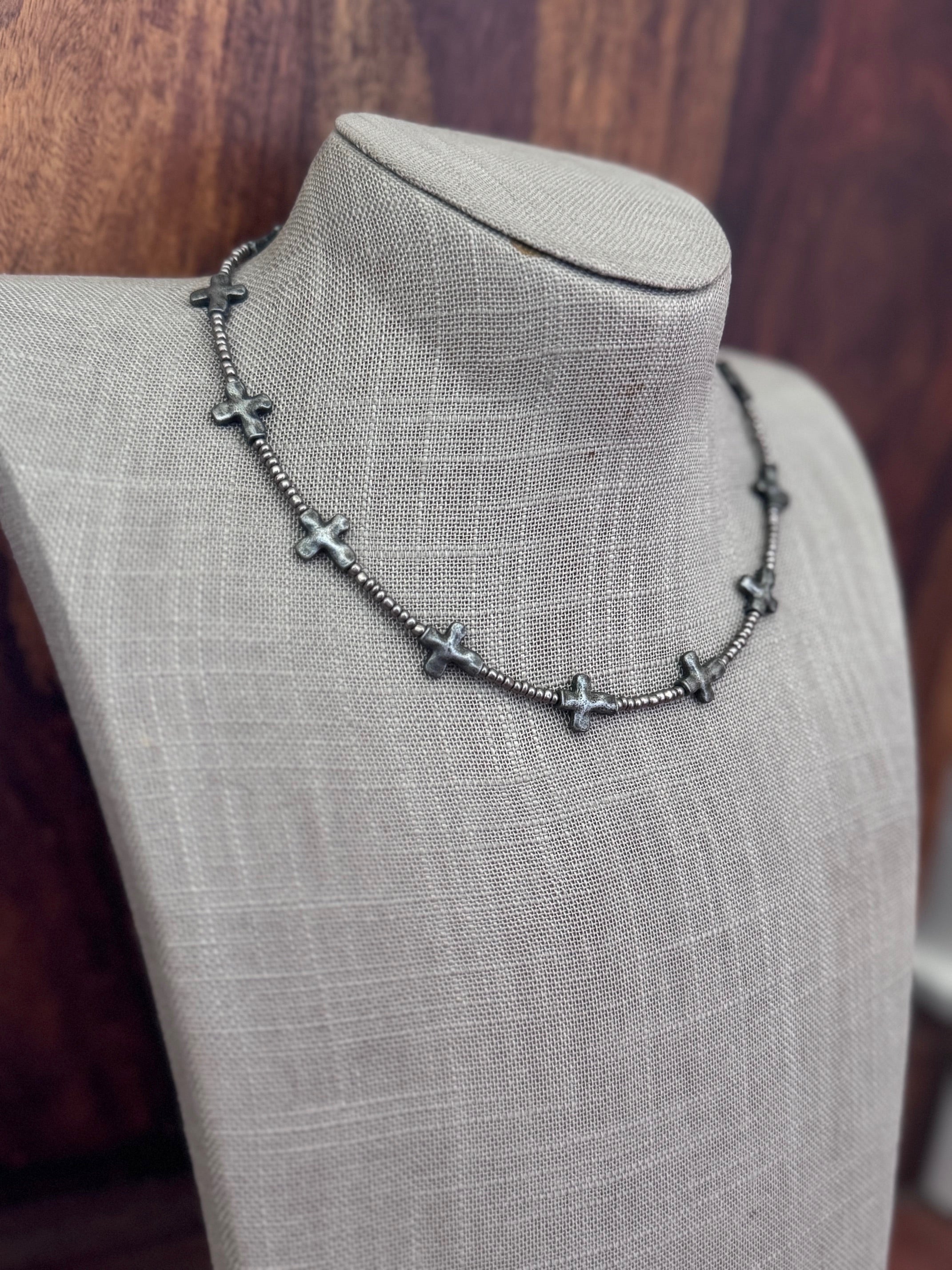 Handmade Silver Plated Cross & Silver Glass Seed 3mm Beaded Necklace 15"-18"