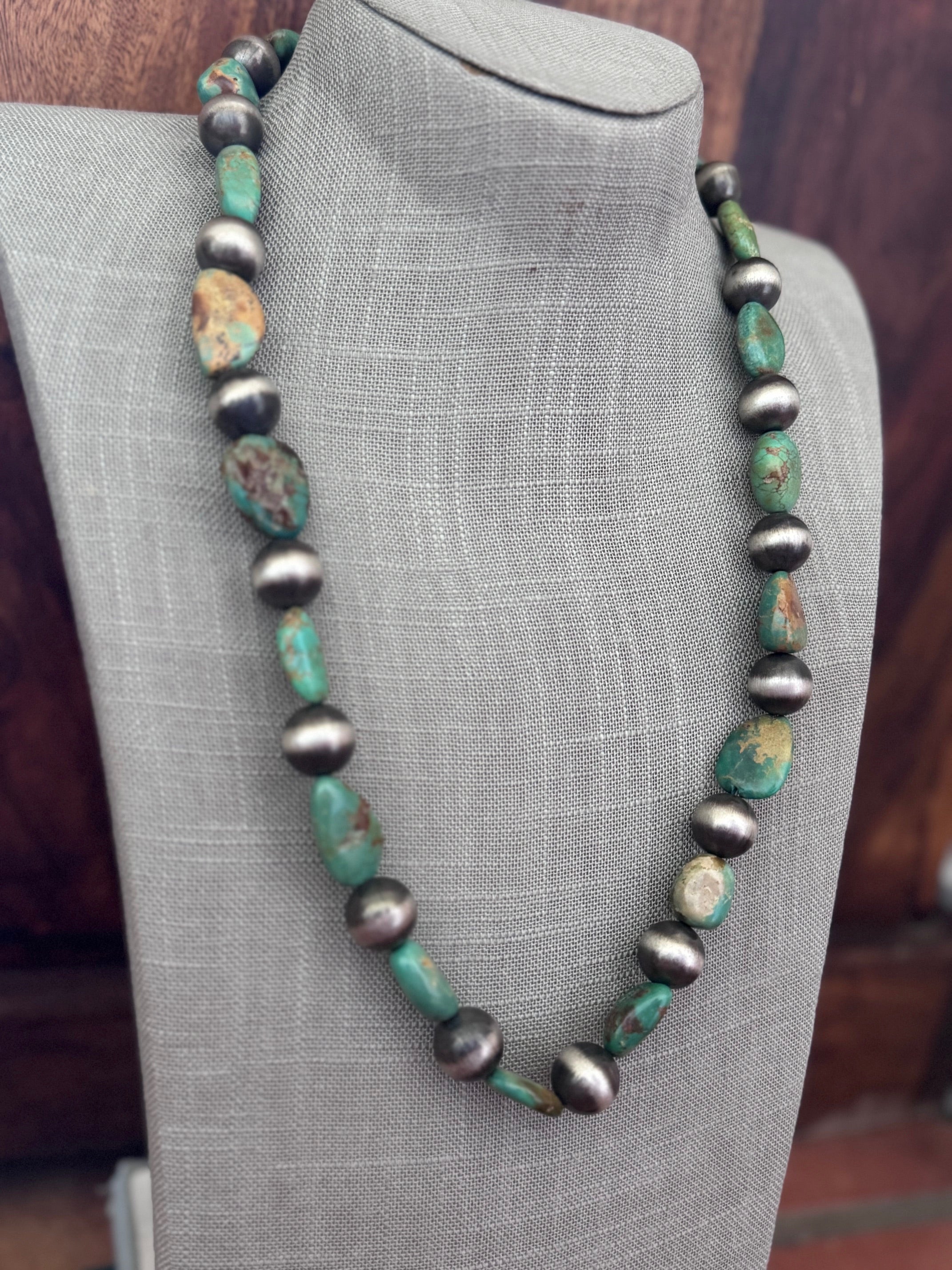 Handcrafted Sterling Silver & Royston Turquoise 14mm Beaded Necklace 25"