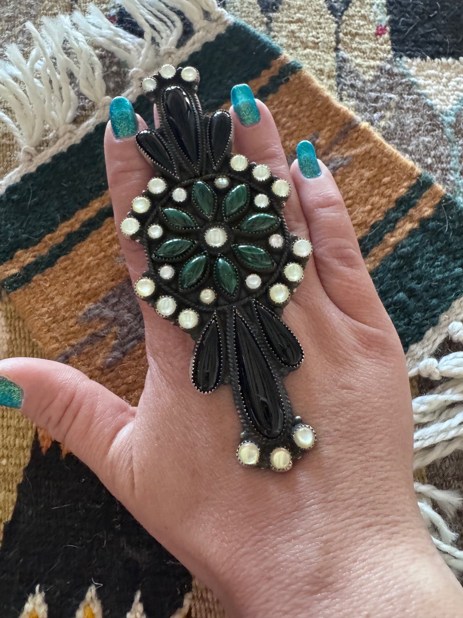 Handcrafted Black Onyx, Malachite & Sterling Silver Ring size 9 by Devin Brown