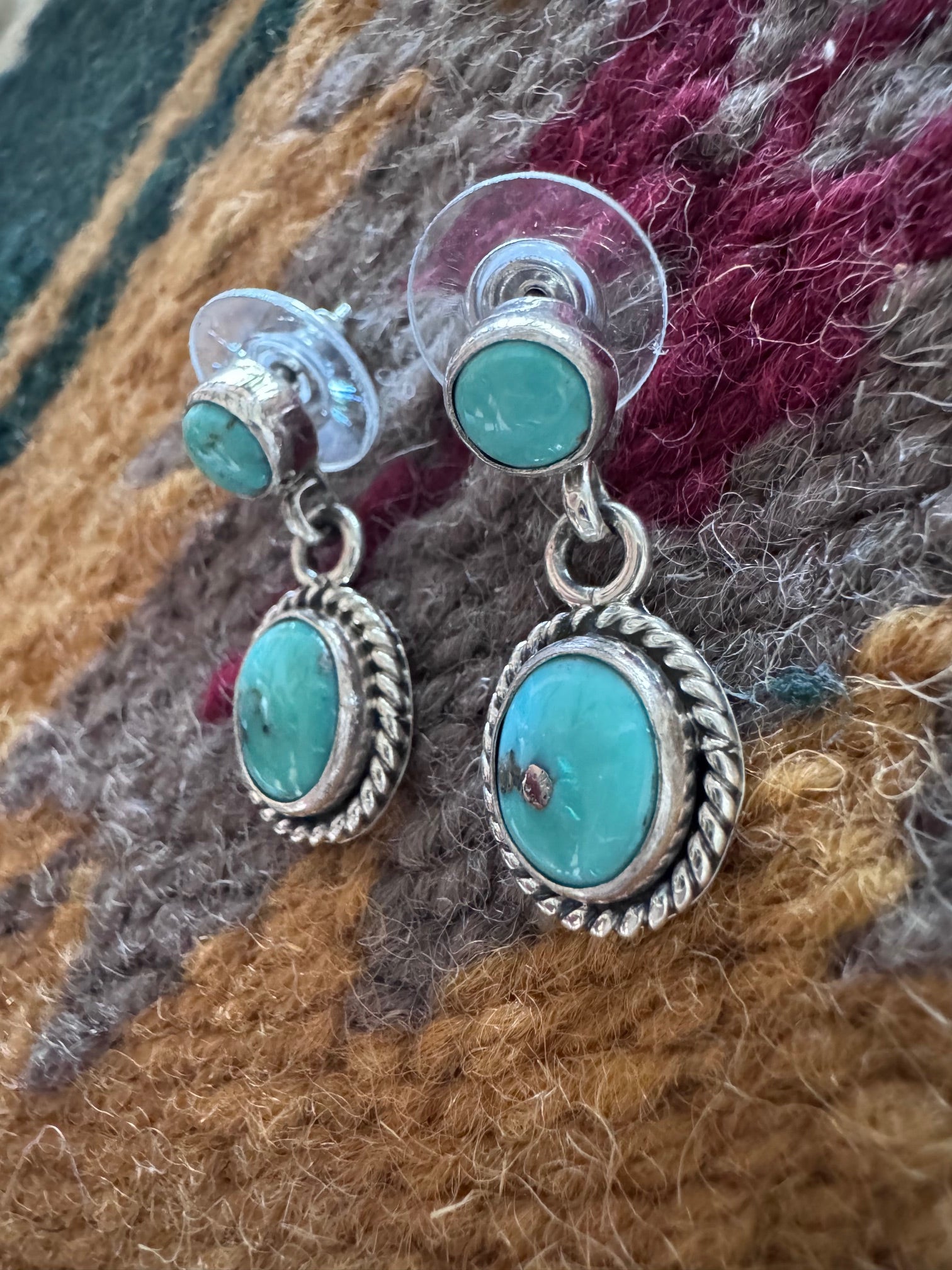 Handcrafted Kingman Turquoise & Sterling Silver 2 stone Post Dangle Earrings