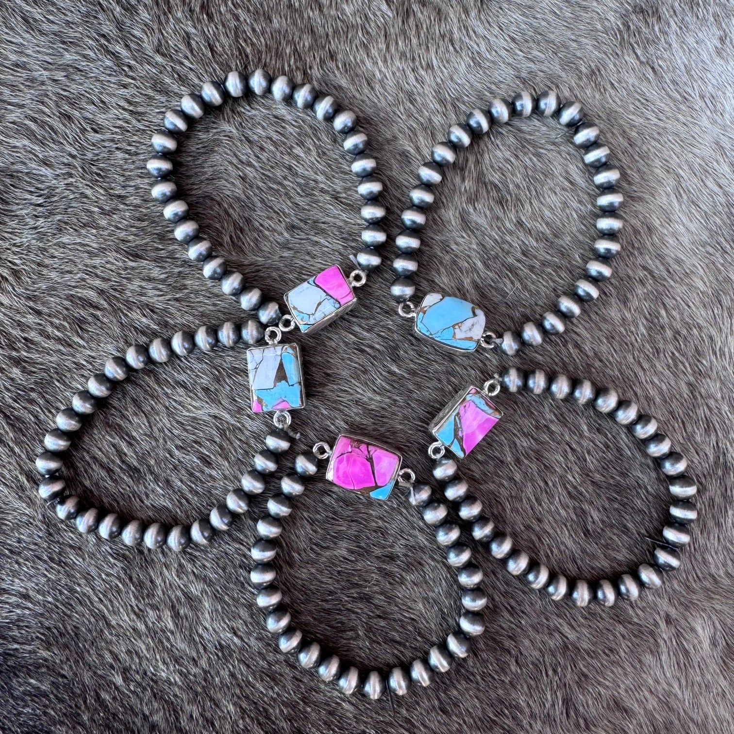 Handmade Sterling Silver Square Cotton Candy 6mm Beaded Stretch Bracelet with Signed Nizhoni