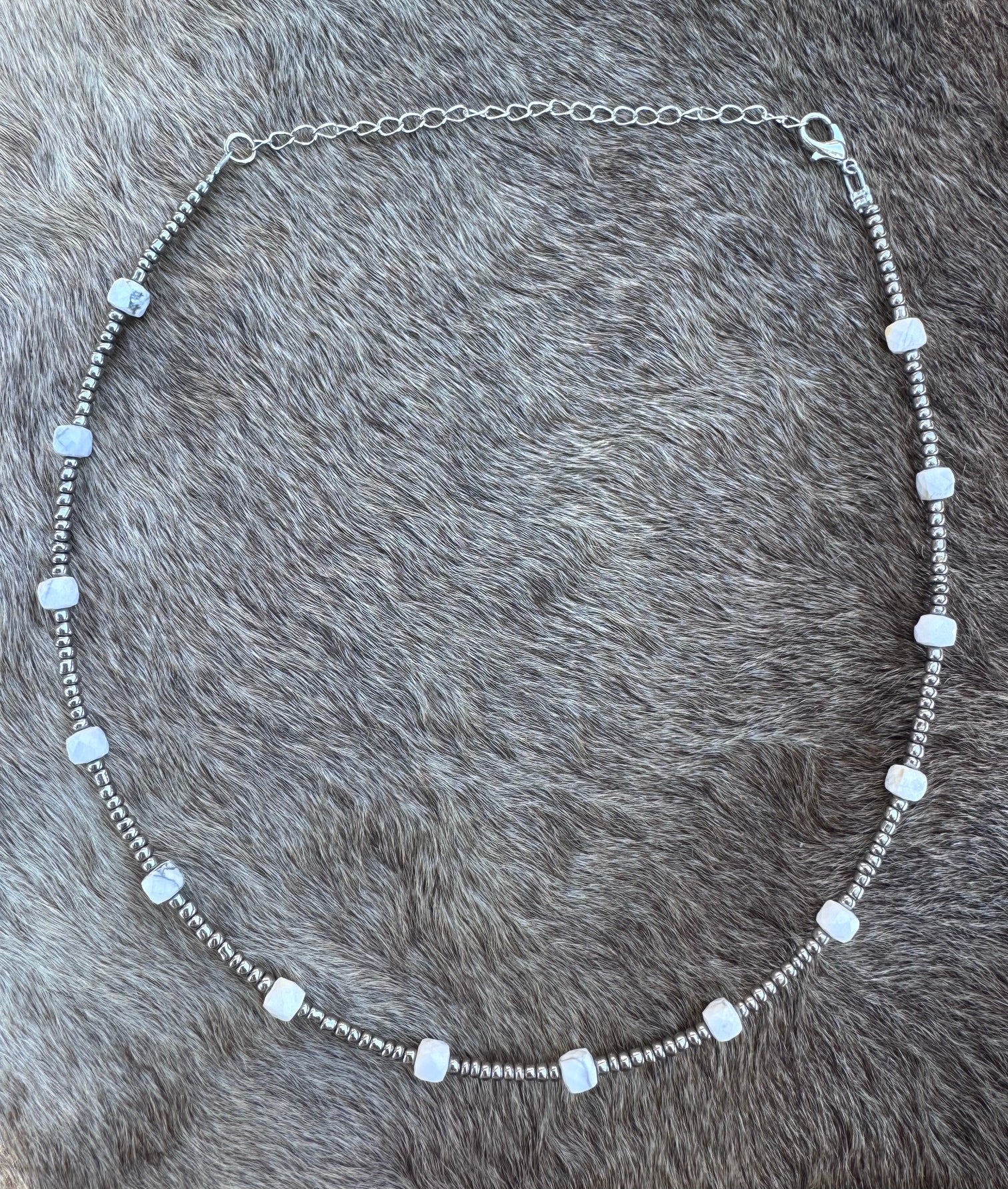 Handmade White Howlite & Silver Glass Seed 3mm Beaded Necklace 14"-18"