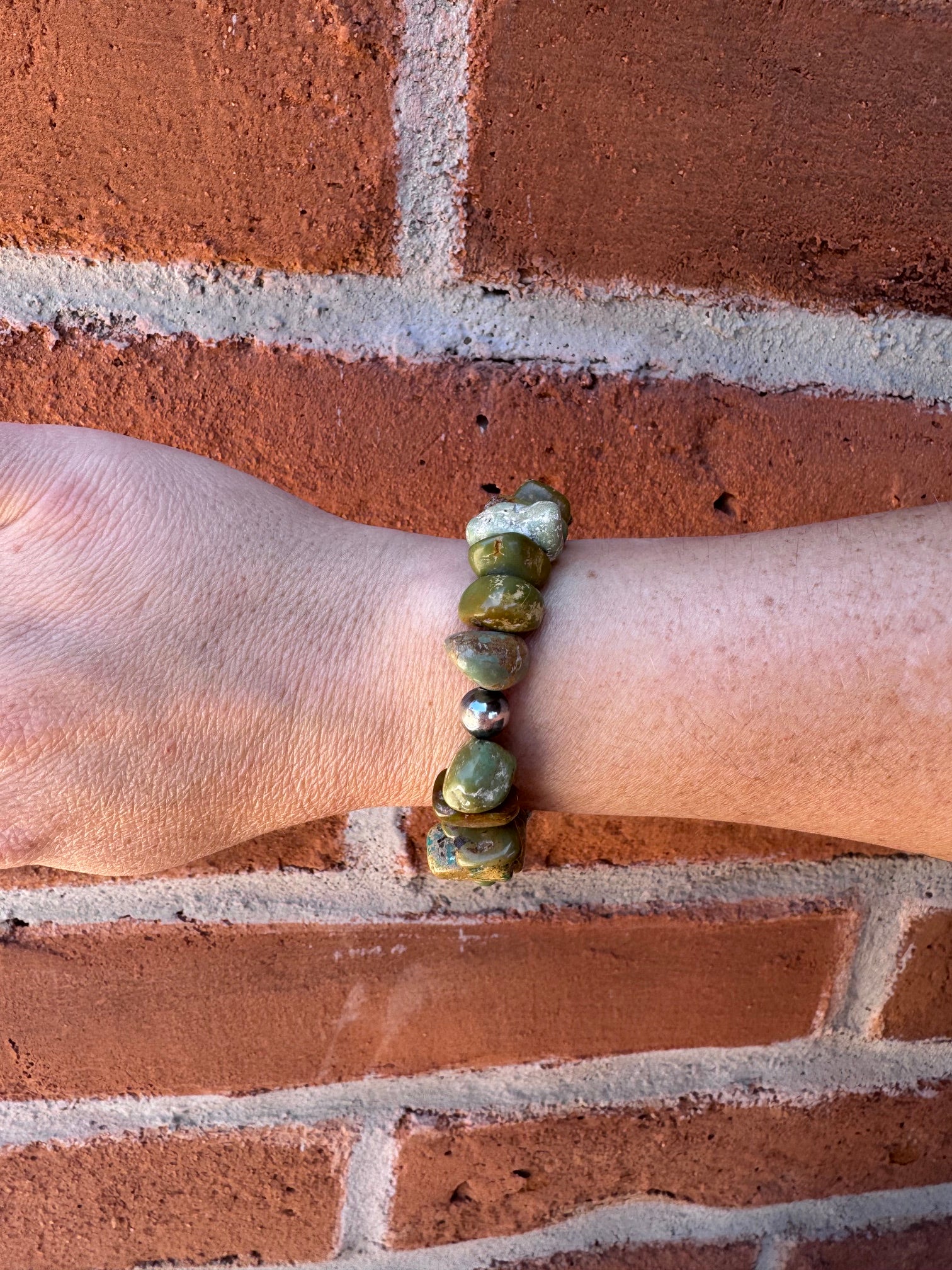 Handmade Green Turquoise Nugget & Sterling Silver Pearl Beaded Bracelet 7"