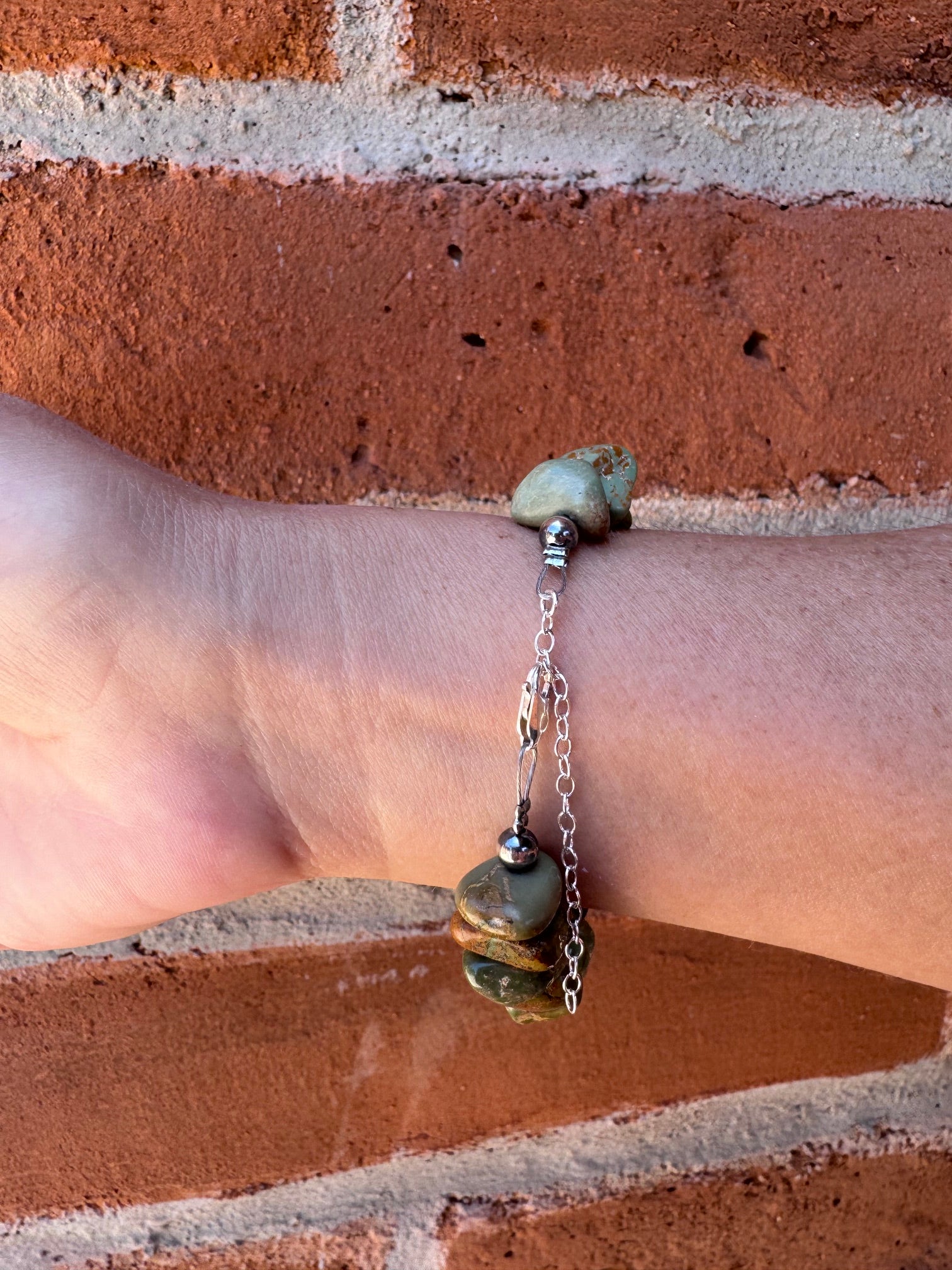 Handmade Green Turquoise Nugget & Sterling Silver Pearl Beaded Bracelet 7"