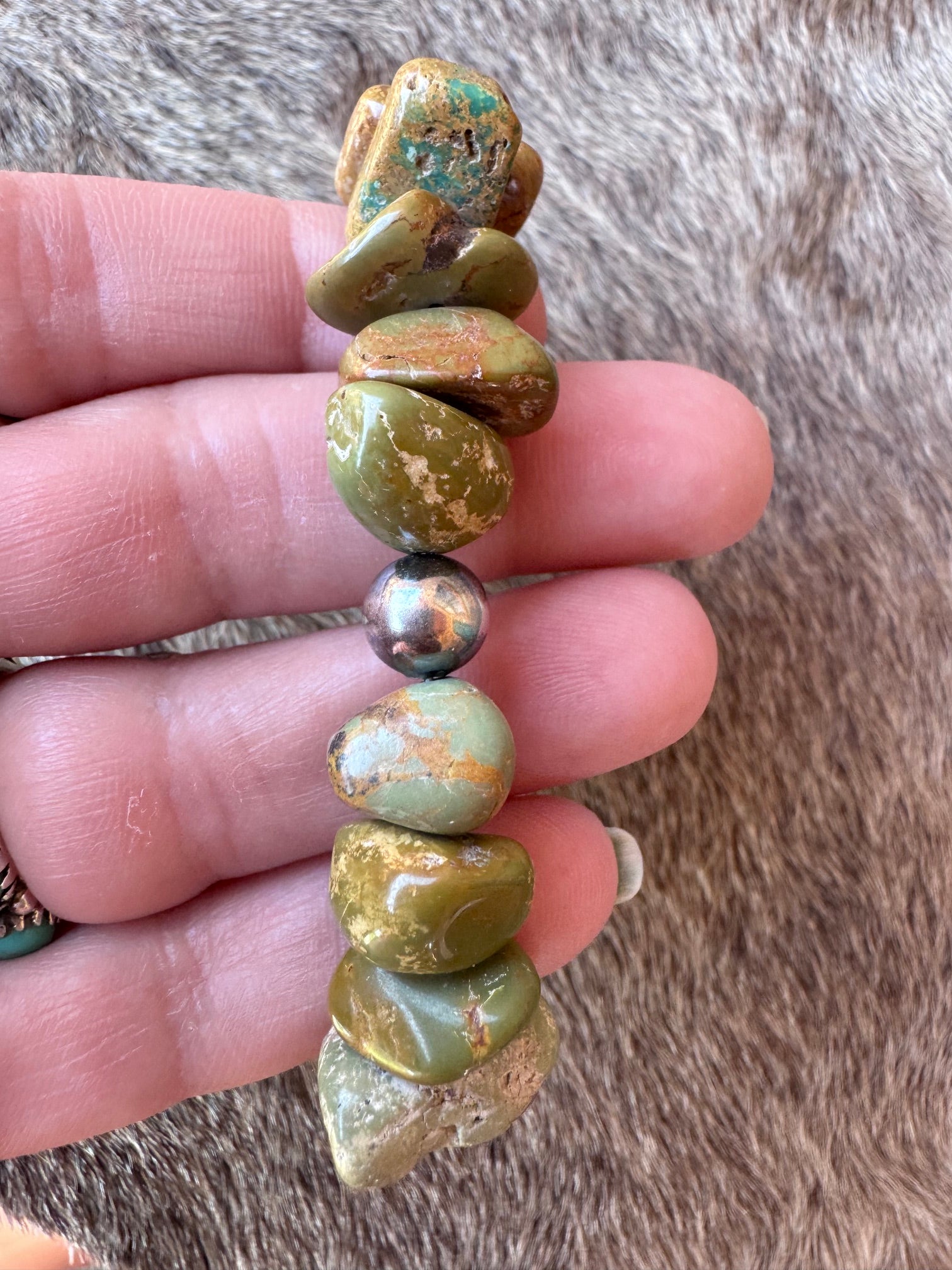 Handmade Green Turquoise Nugget & Sterling Silver Pearl Beaded Bracelet 7"