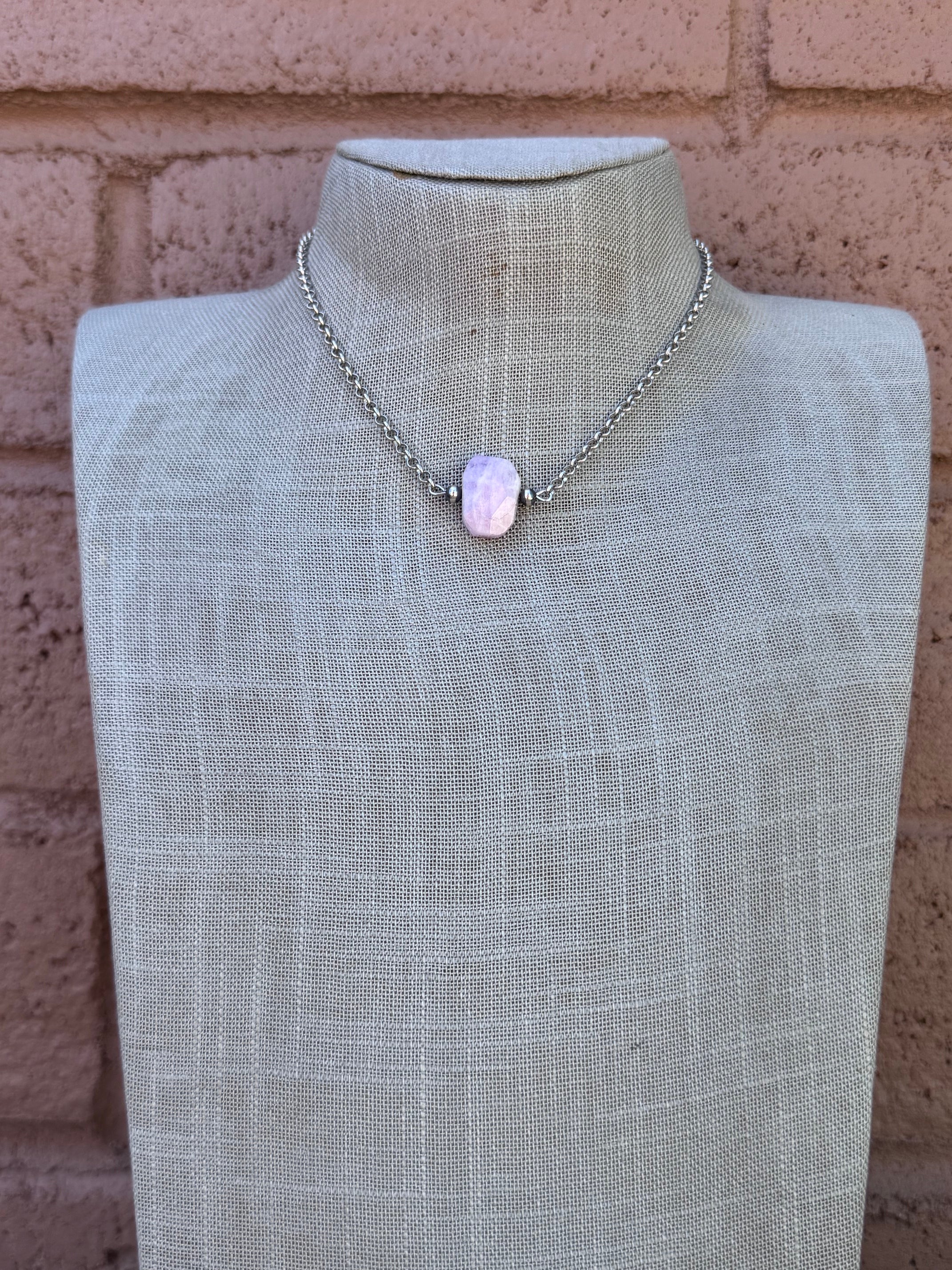 Handmade Silver Plated & Kunzite Stone Chain Necklace 13"-16"