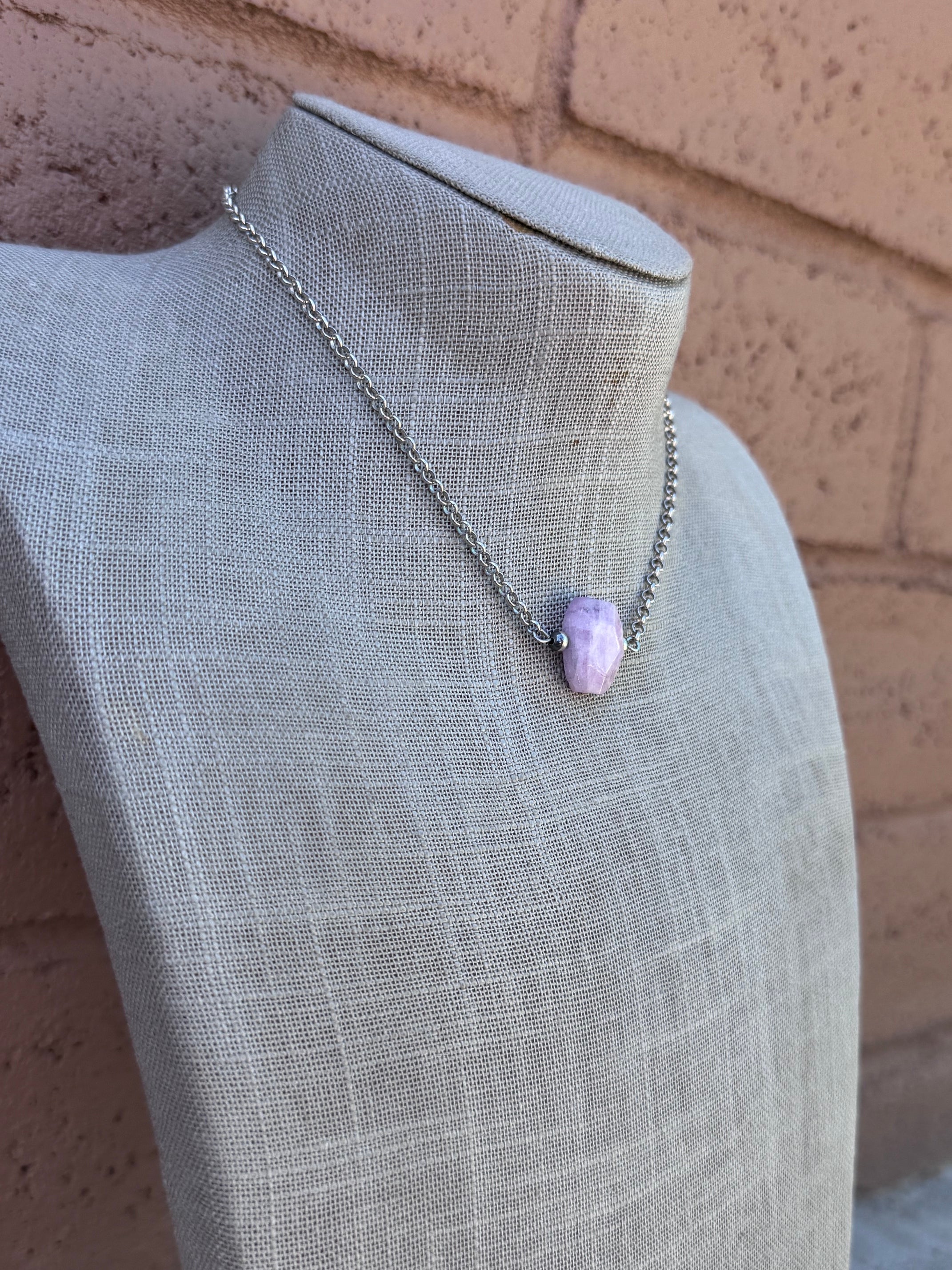 Handmade Silver Plated & Kunzite Stone Chain Necklace 13"-16"