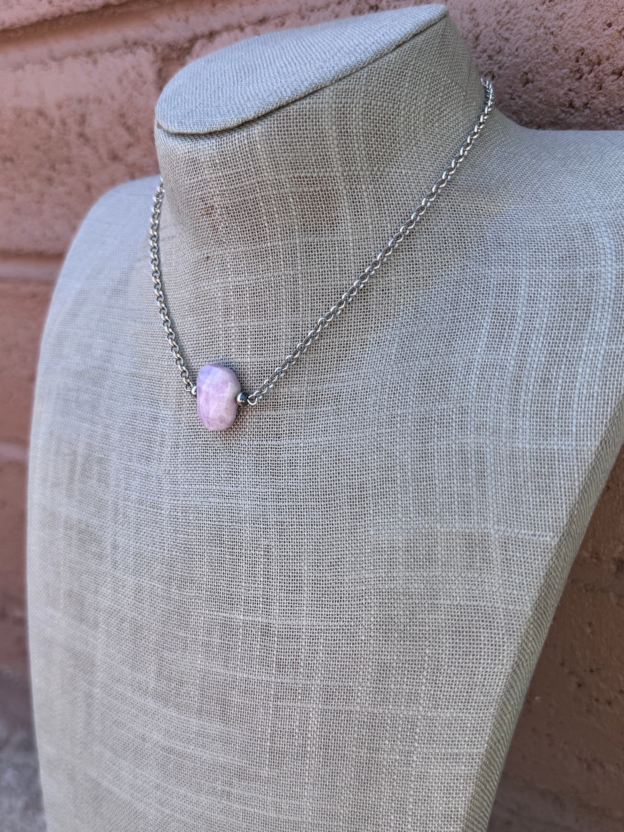 Handmade Silver Plated & Kunzite Stone Chain Necklace 13"-16"