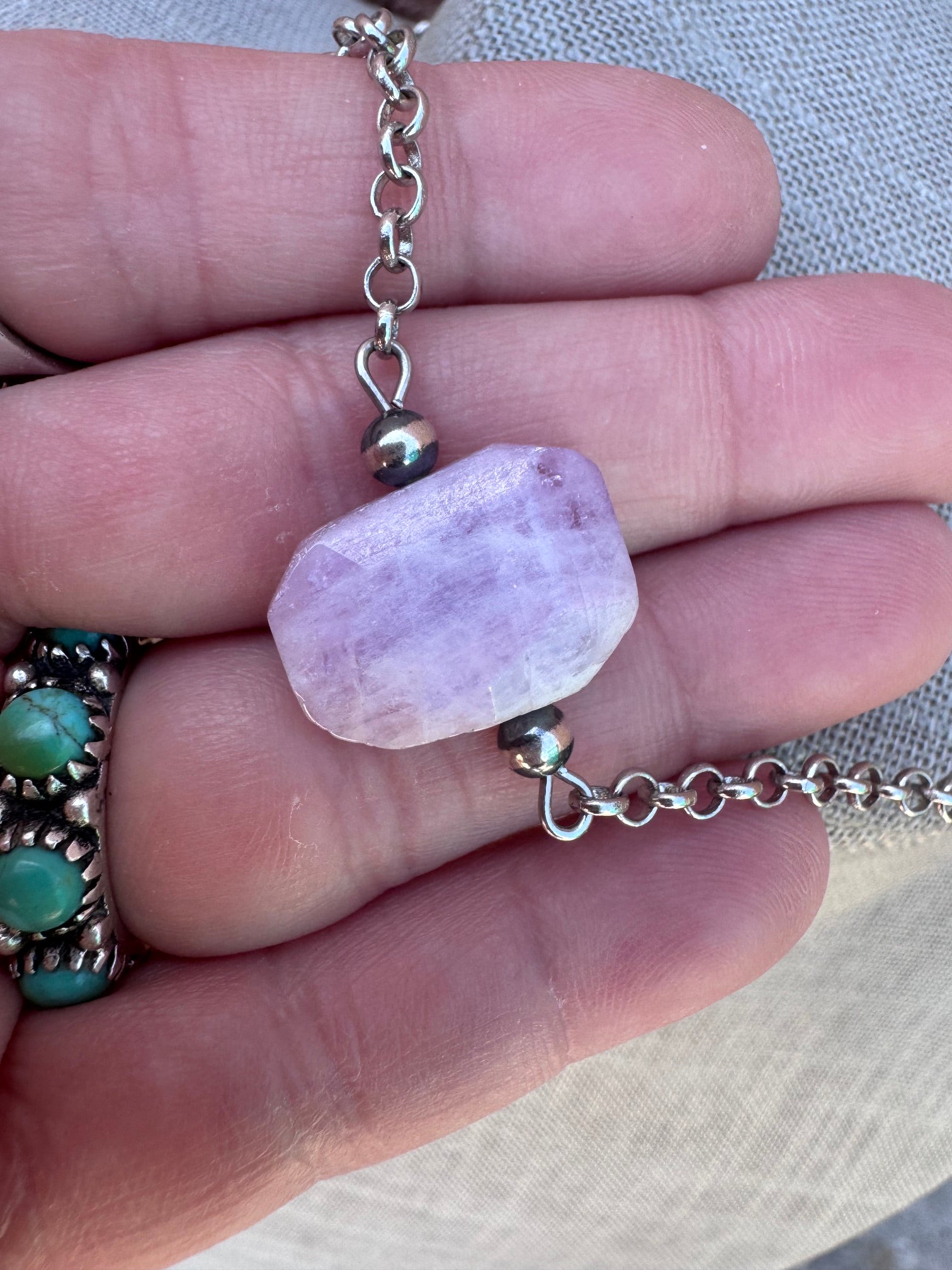 Handmade Silver Plated & Kunzite Stone Chain Necklace 13"-16"