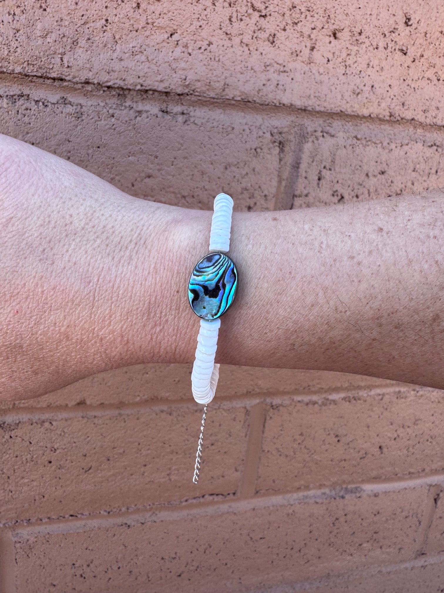 Handmade Abalone Shell & Silver Plated  Beaded Bracelet 7"