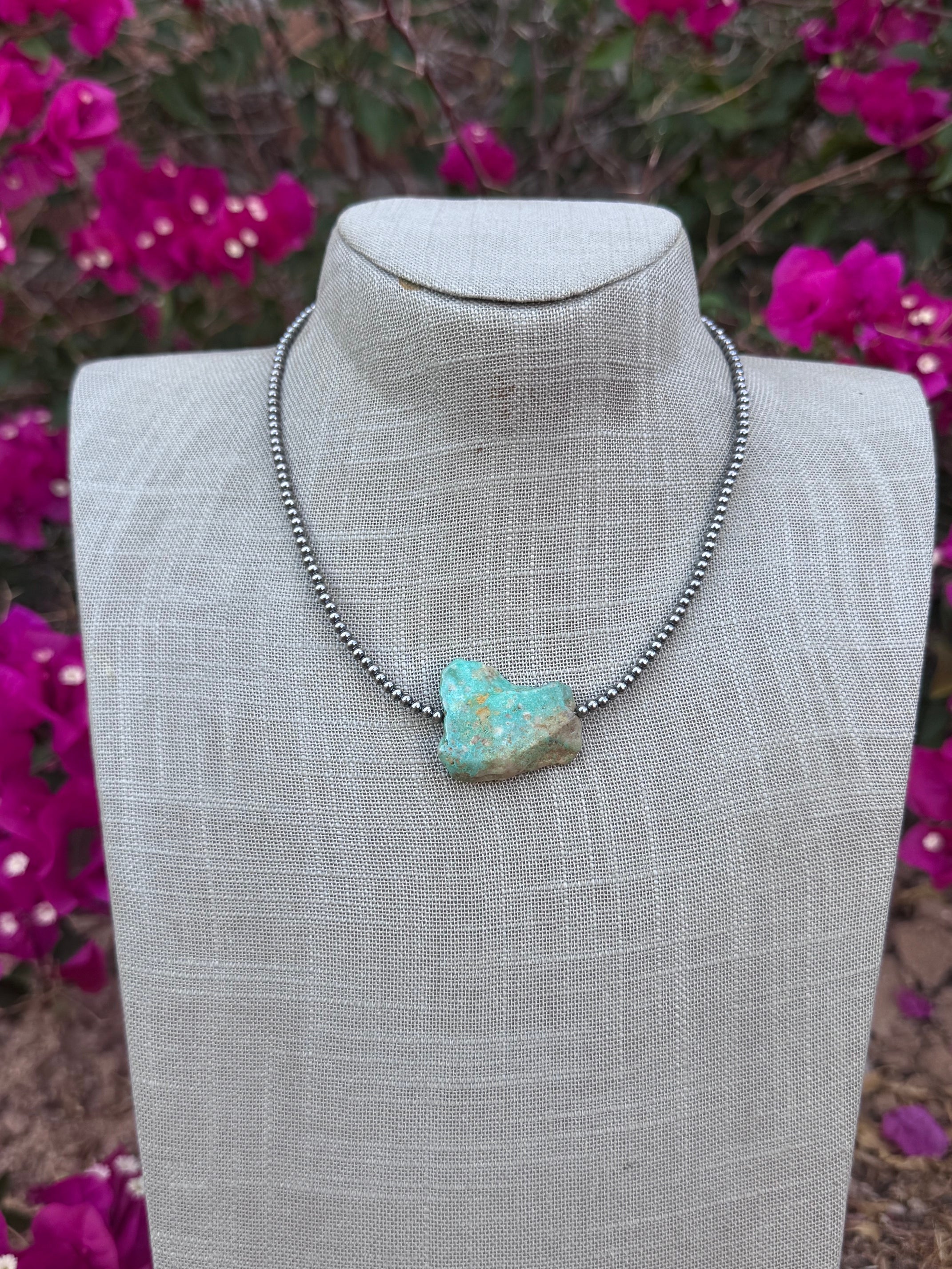 Handmade Sterling Silver & Flat Turquoise 3mm Beaded Necklace 16"