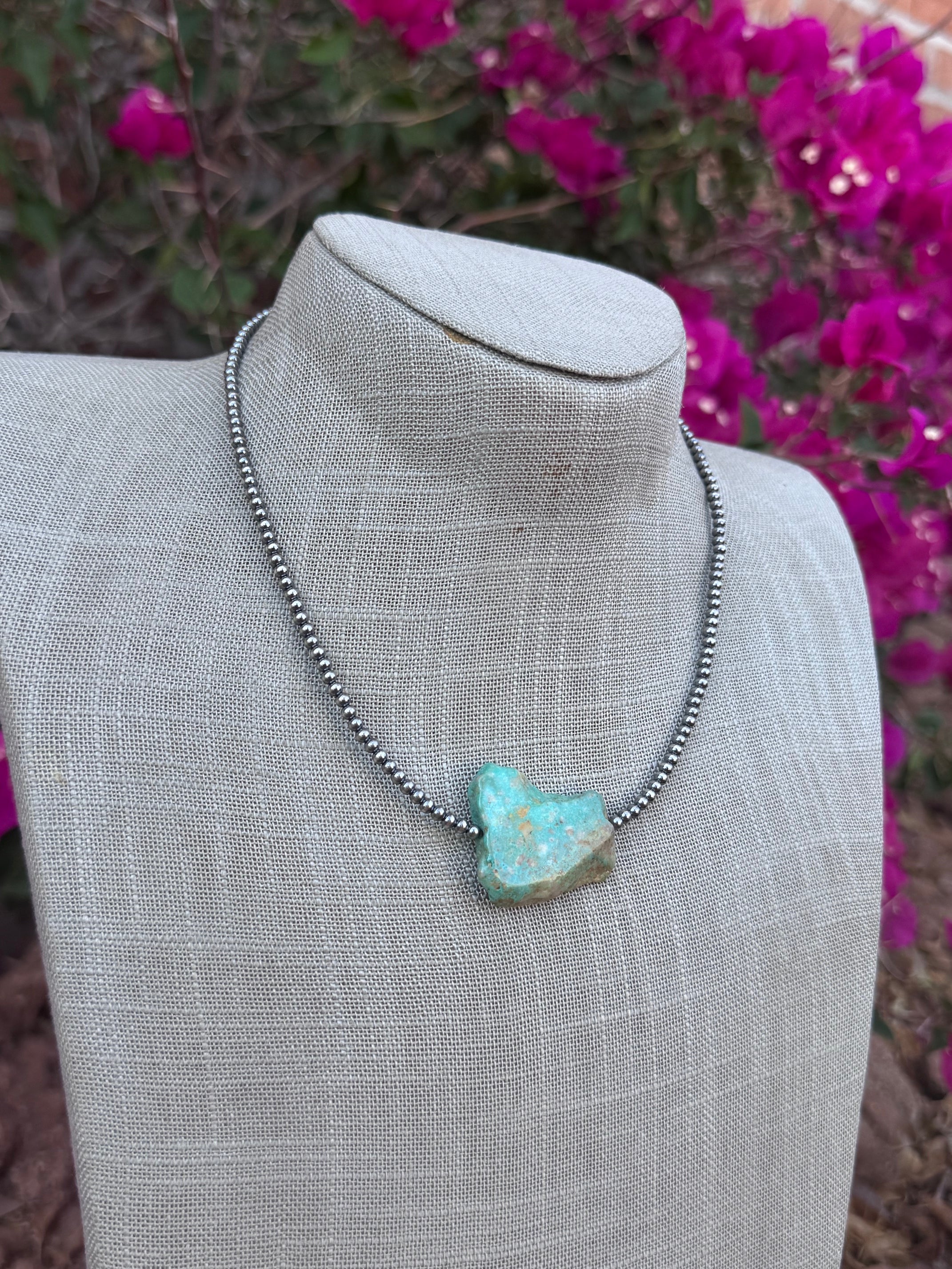 Handmade Sterling Silver & Flat Turquoise 3mm Beaded Necklace 16"