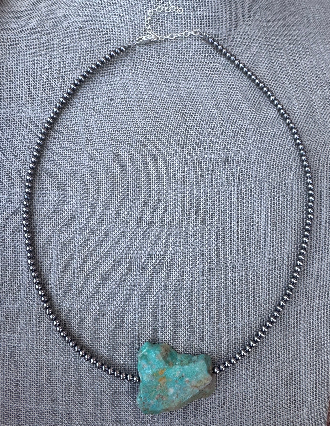 Handmade Sterling Silver & Flat Turquoise 3mm Beaded Necklace 16"