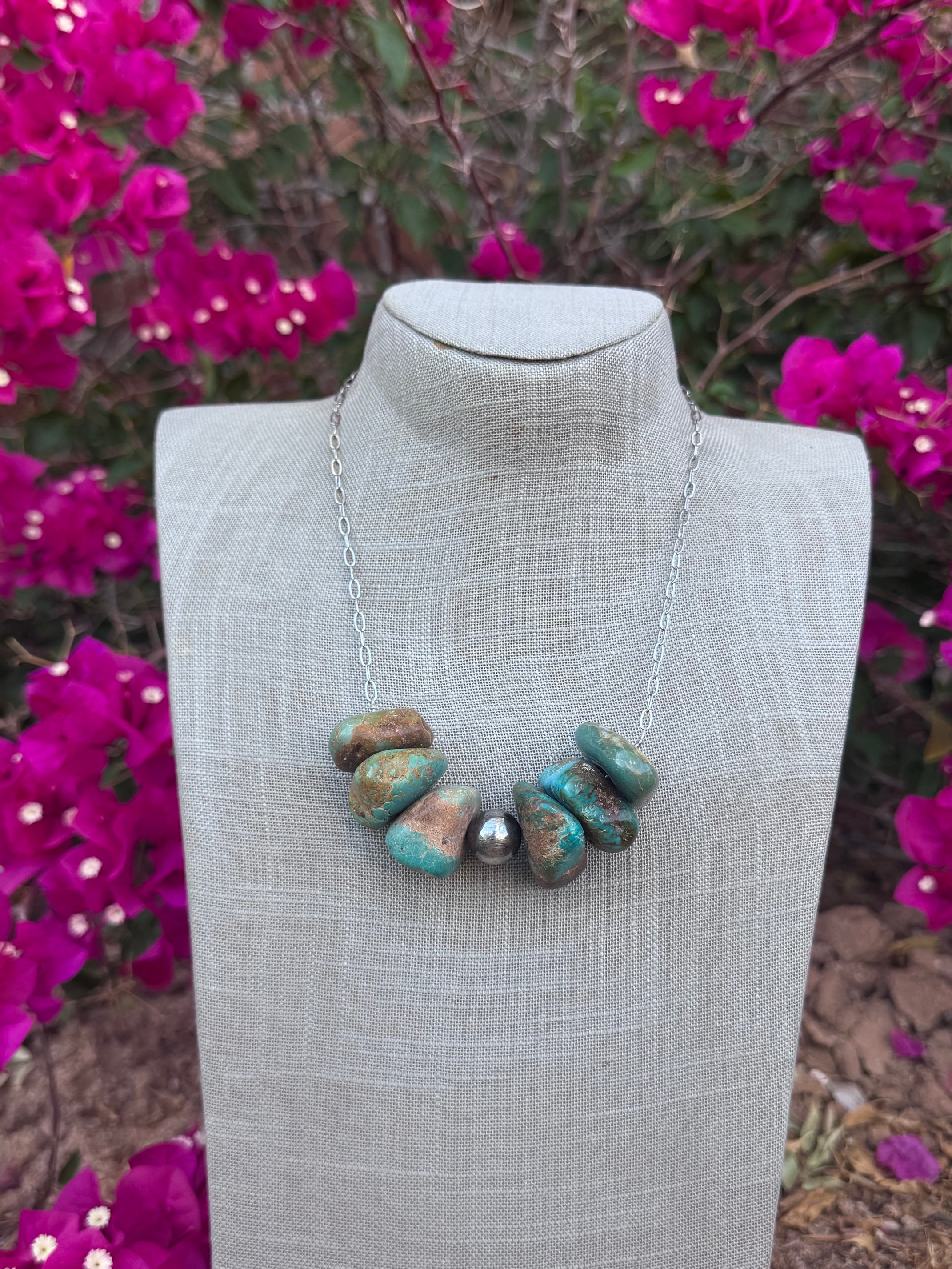 Handmade Sterling Silver & Chunky Turquoise Paperclip Chain Necklace 16"