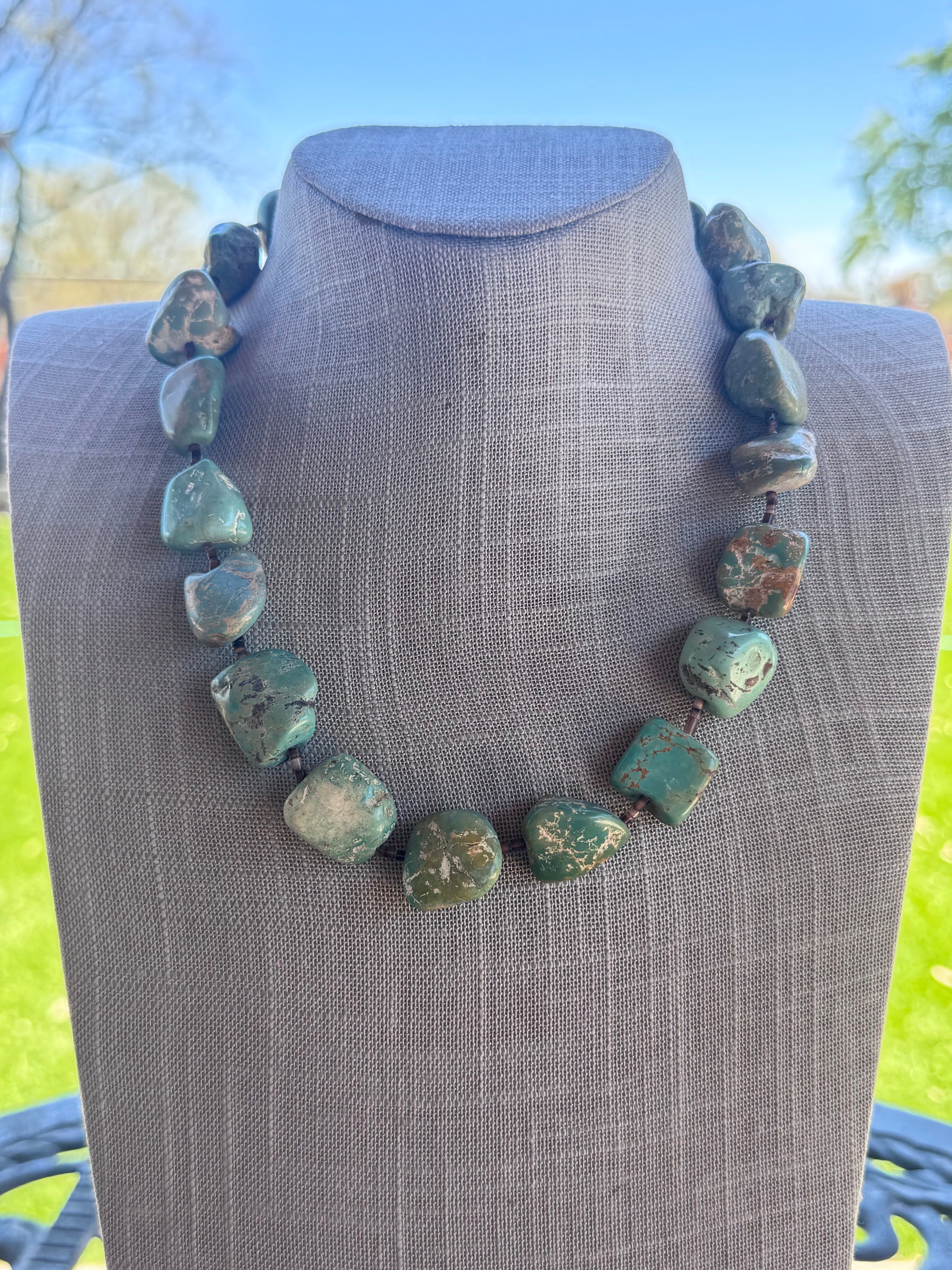 Handmade Green Turquoise Nugget & Brown Shell Beaded Necklace 20"