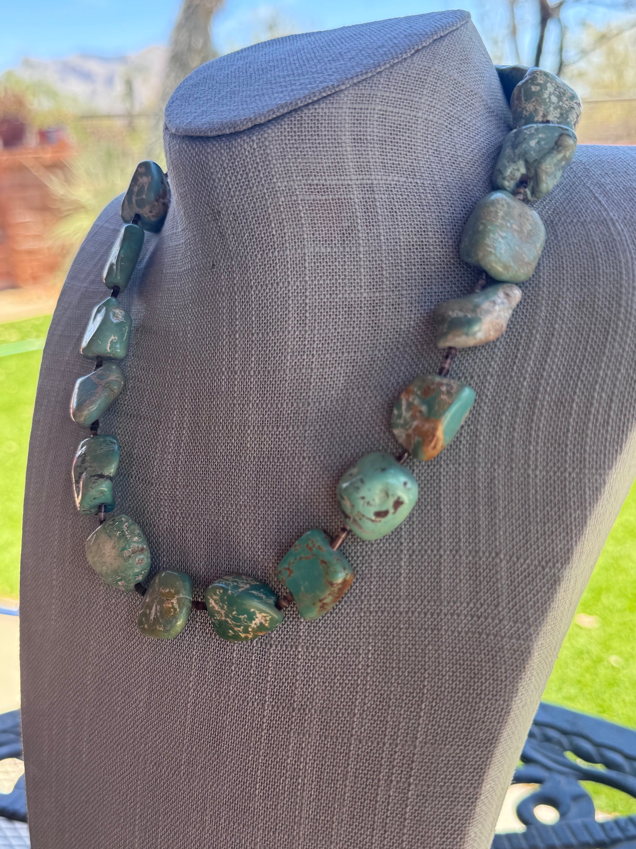 Handmade Green Turquoise Nugget & Brown Shell Beaded Necklace 20"
