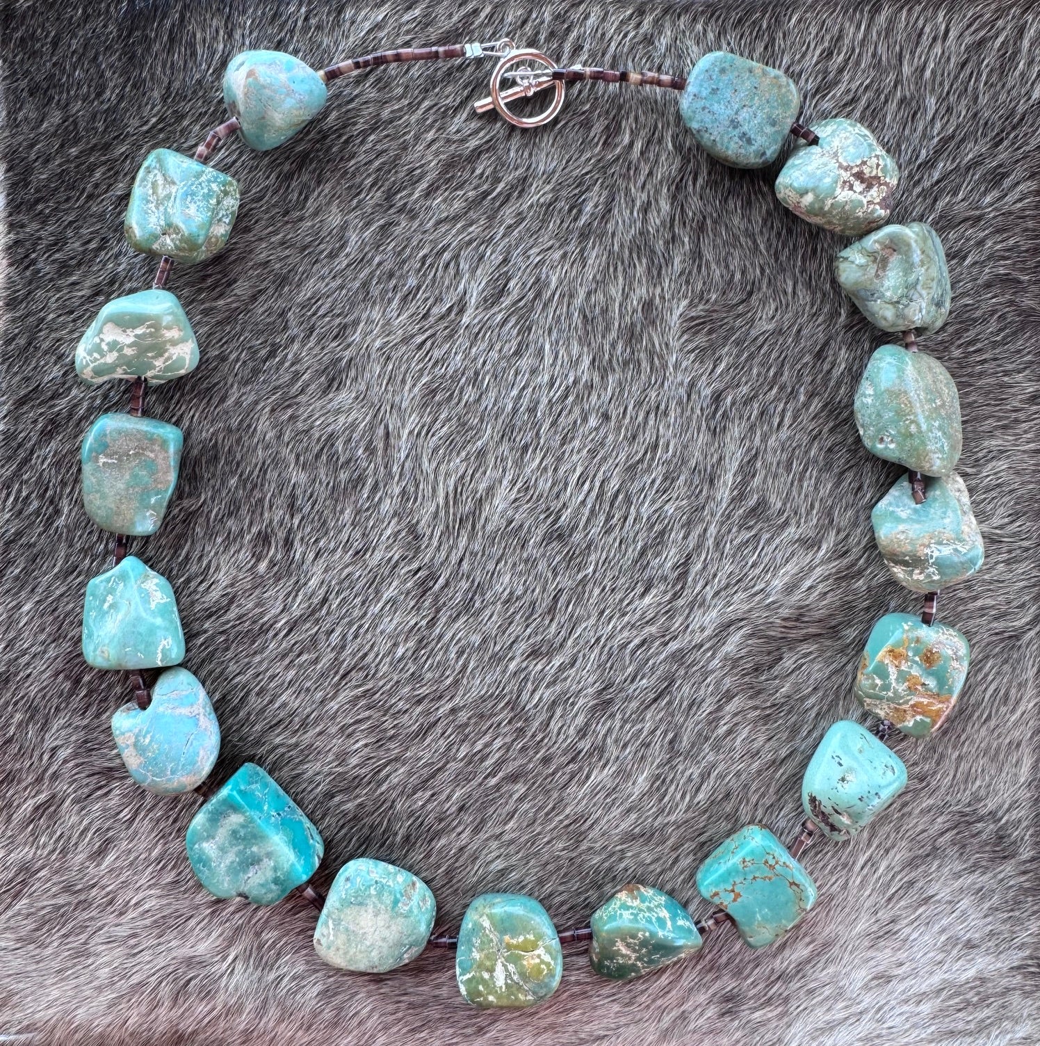 Handmade Green Turquoise Nugget & Brown Shell Beaded Necklace 20"