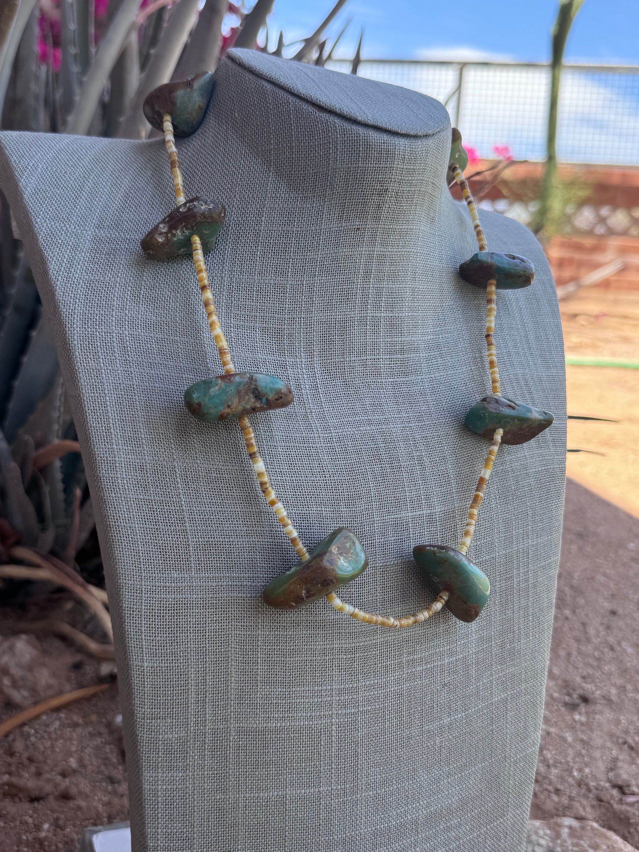 Handmade Chunky Turquoise & Shell Heishi Beaded Necklace 22"