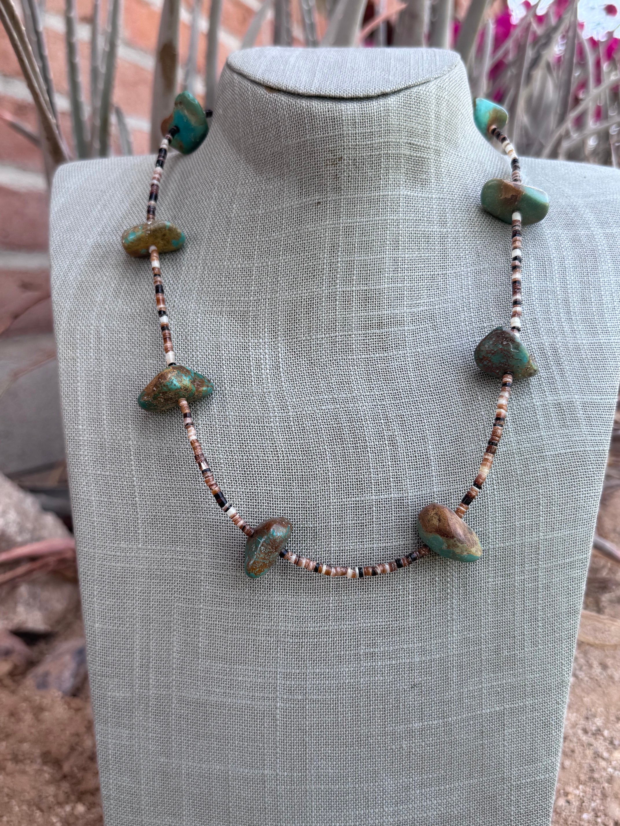 Handmade Nugget Natural Turquoise & Dark Shell Beaded Necklace 22"