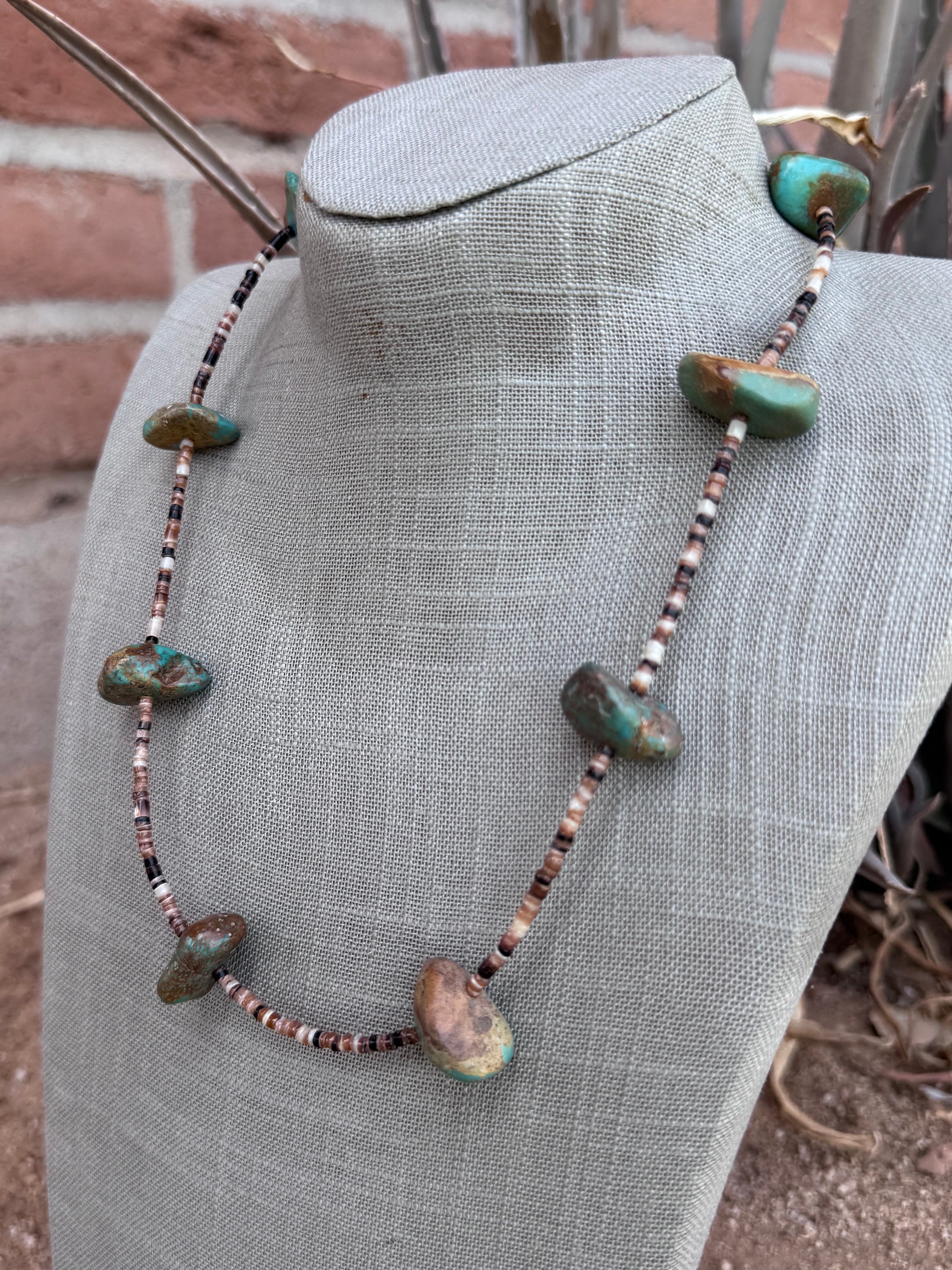 Handmade Nugget Natural Turquoise & Dark Shell Beaded Necklace 22"