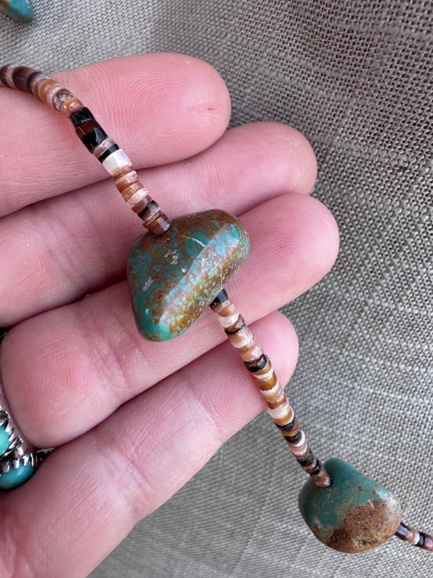 Handmade Nugget Natural Turquoise & Dark Shell Beaded Necklace 22"